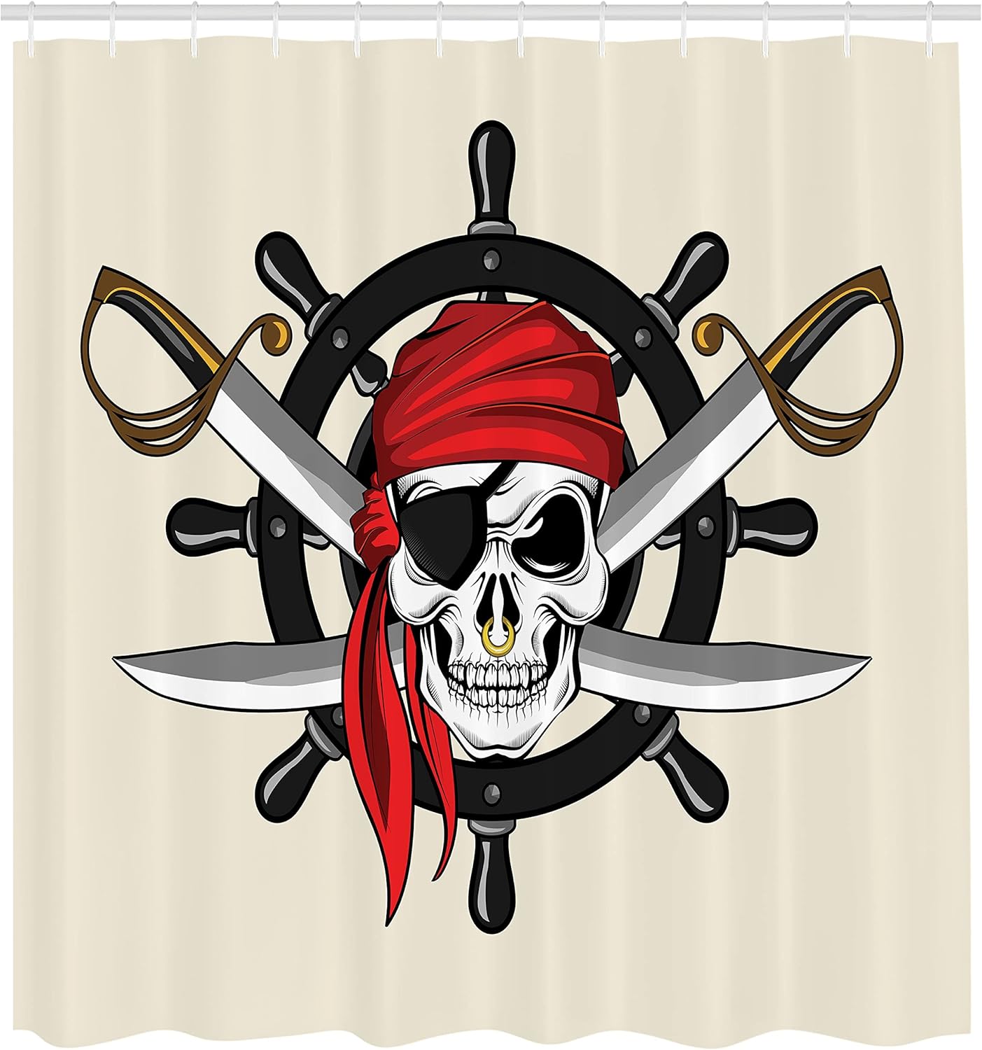 Ambesonne Skull Shower Curtain, Pirate Themed Scarf Wheel Sea Sail Adventure Illustration, Cloth Fabric Bathroom Decor Set with Hooks, 69" W x 84" L, Cream Black Red