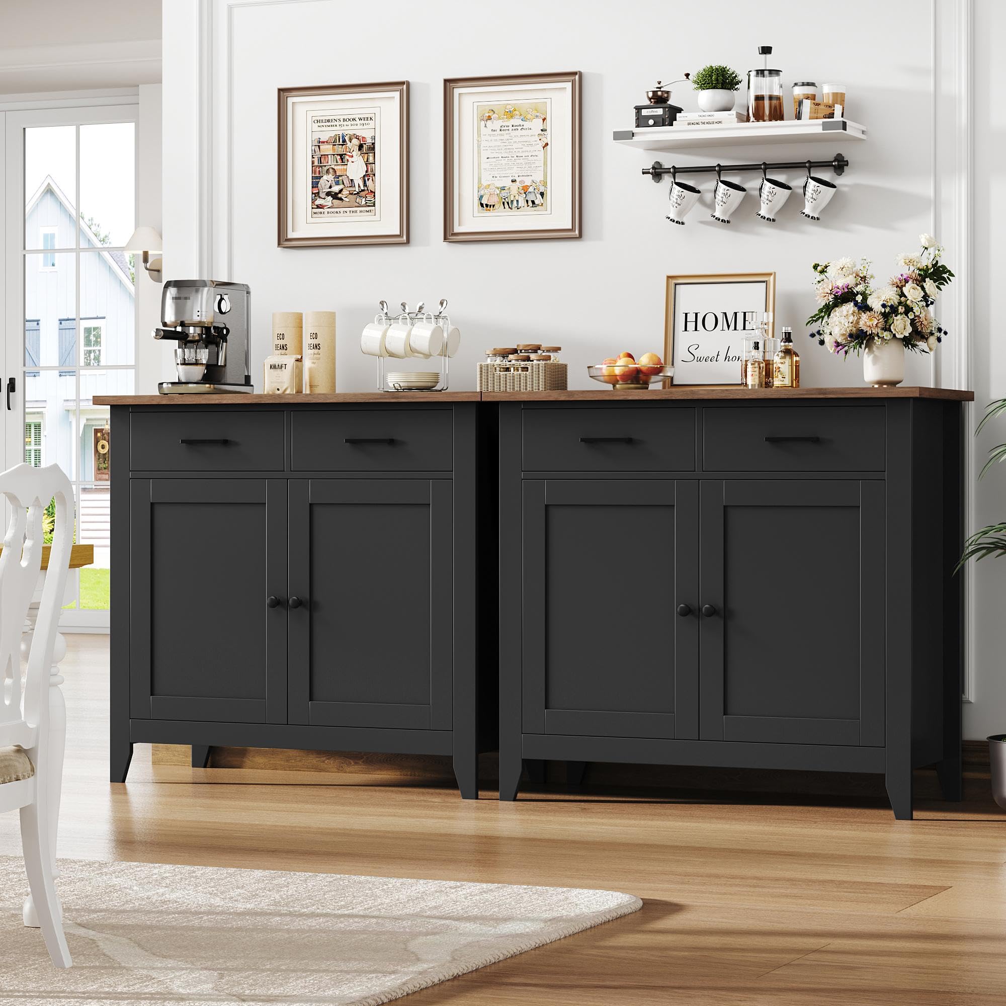 HOCSOK Credenza Buffet, Mobile da Cucina con 2 Armadi e 2 Cassetti, Armadio di Stoccaggio in Legno, Stile Farmhouse, per Soggiorno Sala da Pranzo, Ingresso, Nero, 82x40x91cm