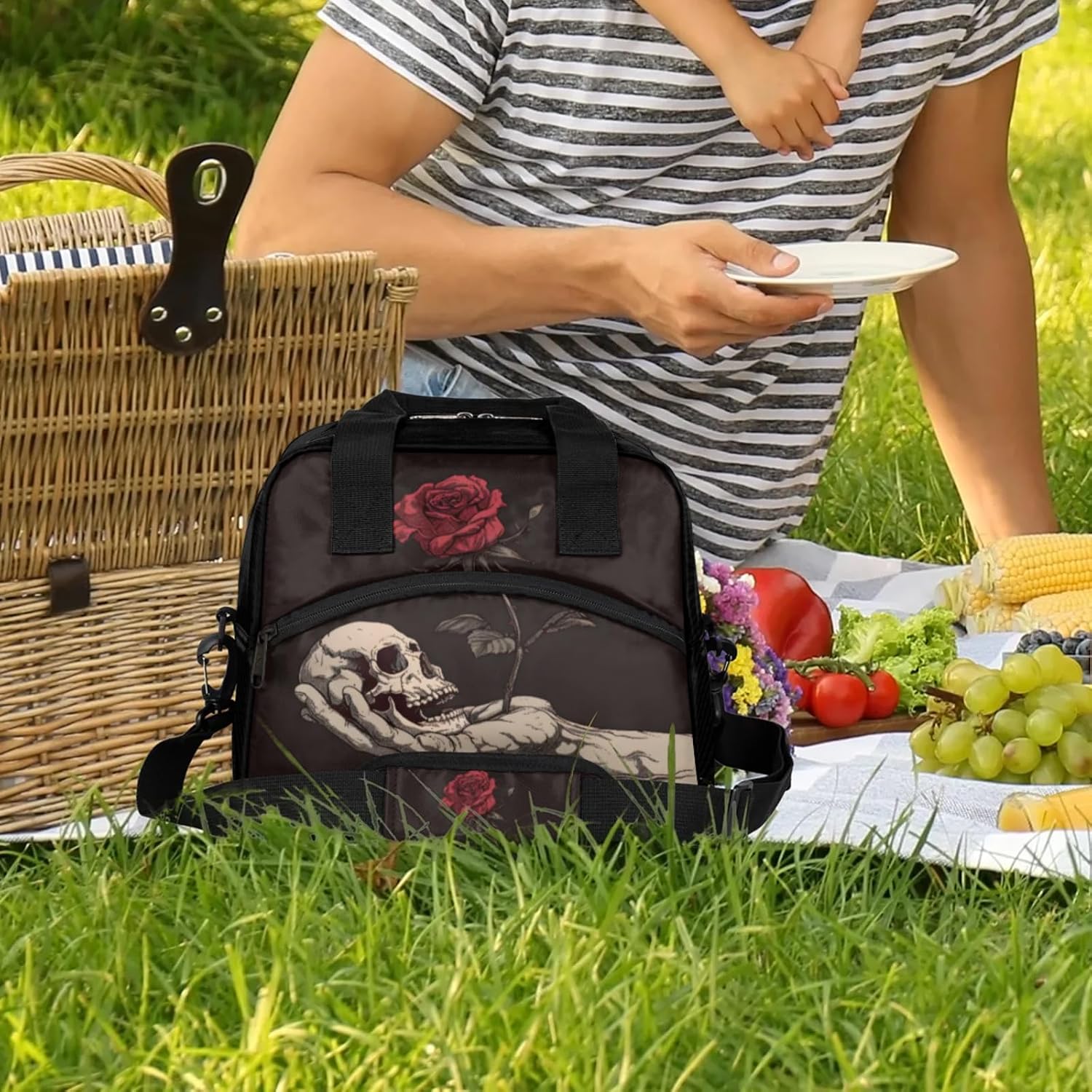 Large Lunch Bag for Women Adult Black Skull Rose Insulated Lunch Box with Adjustable Shoulder Strap,Waterproof Portable Cooler Tote Bags for Work Picnic Beach Travel Office image 2