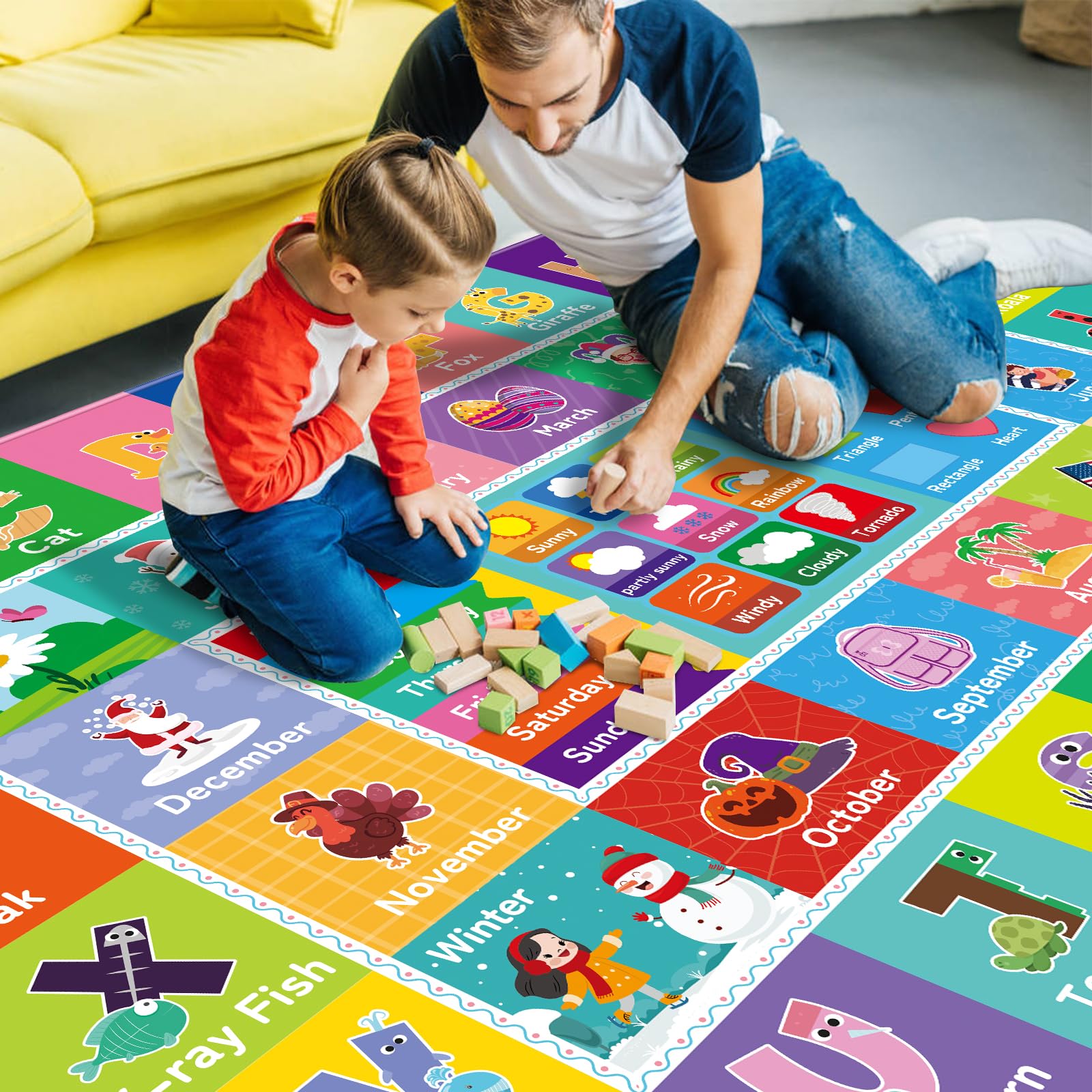 DINSUMRUG Kids Rug for Playroom Baby Playmat with Alphabet, Month, Weather, Week and Shapes ABC Educational Rug - Image 4