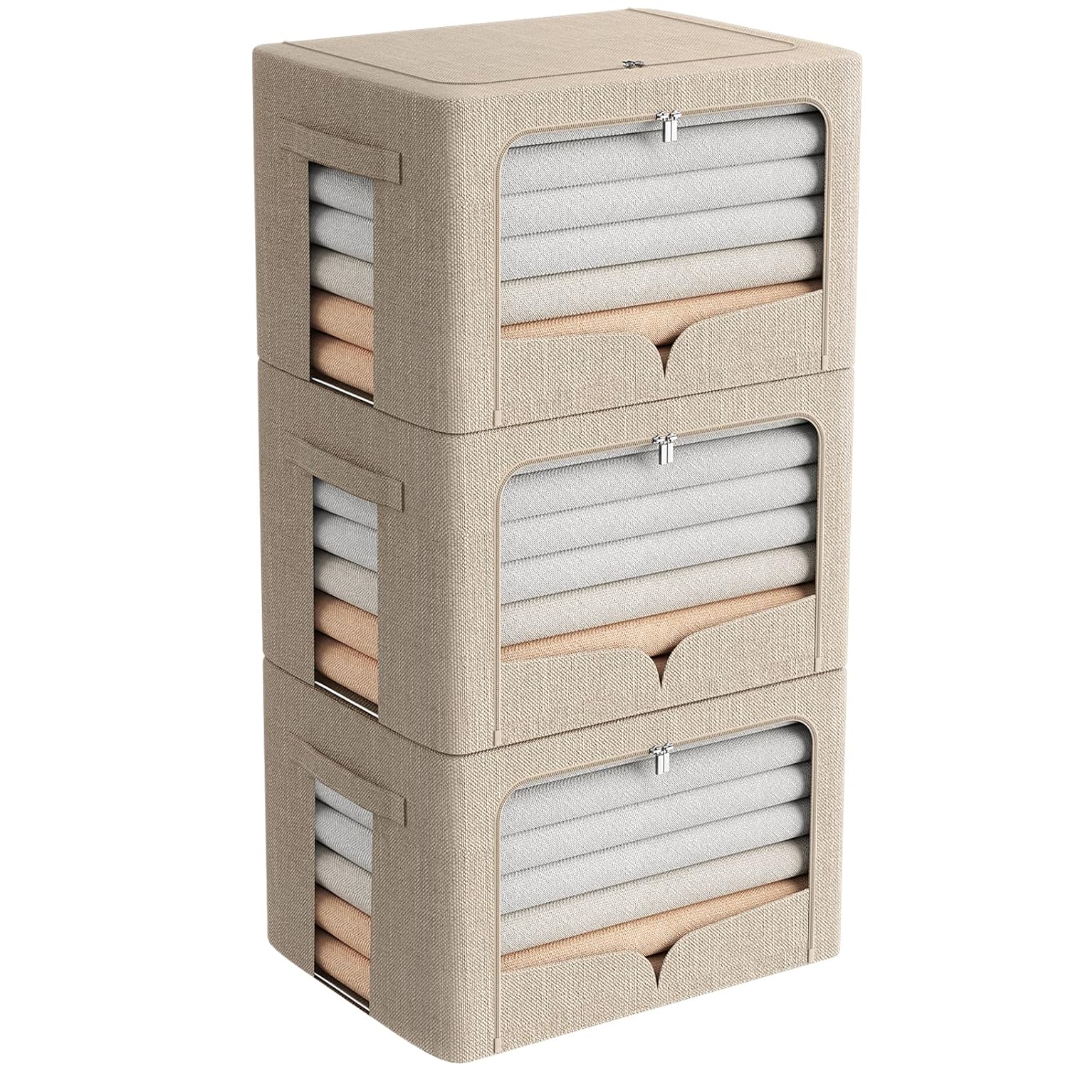 FHSQX 3 Pack Clothes Storage Bins Foldable Metal Frame Storage Box Stackable Linen Fabric Organizer Set with Carrying
