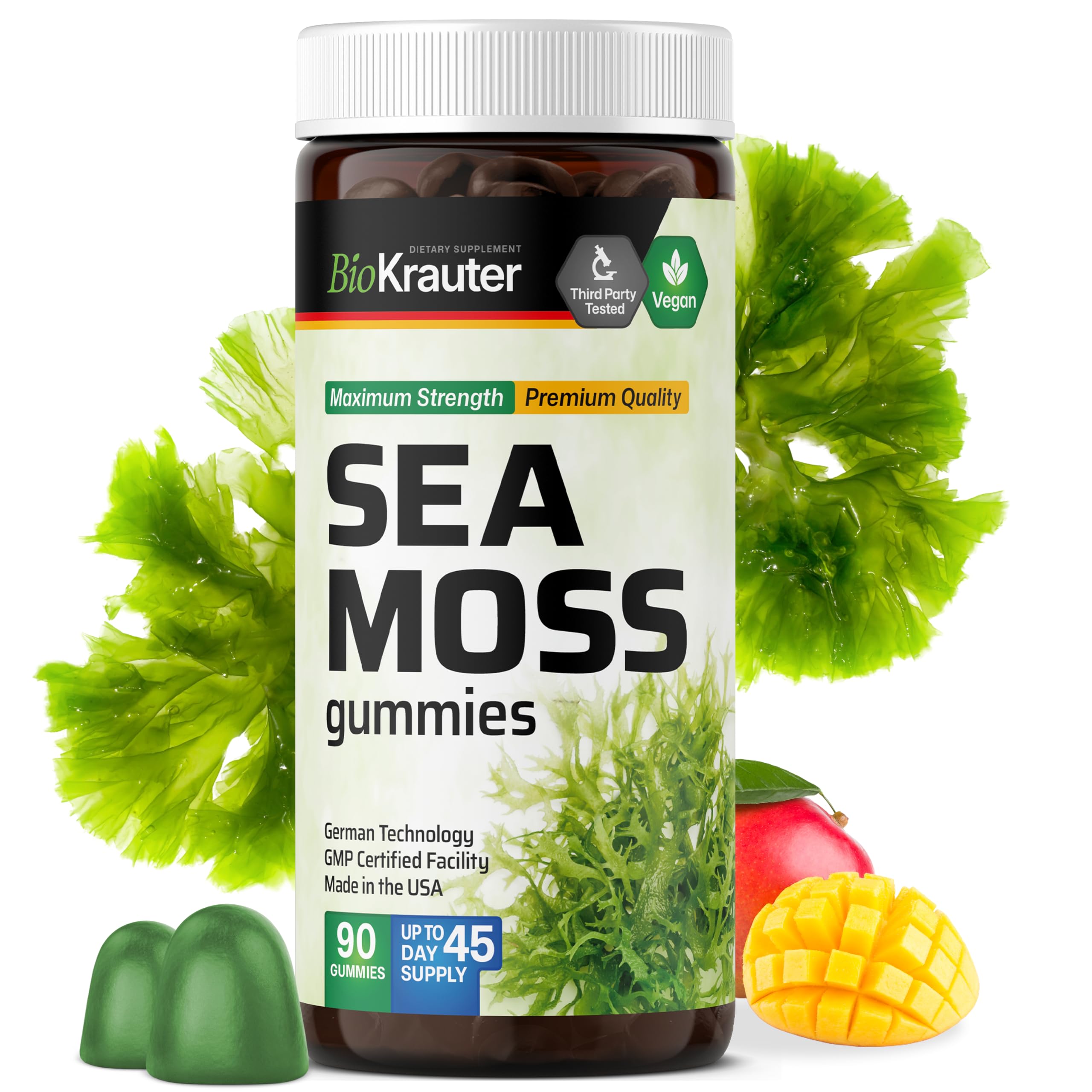 BIO KRAUTER Irish Sea Moss Gummi für Damen und Herren - 2840 mg Stärke - 90 Vegan Chews - Bladderwrack & Burdock Root Supplement - Chondrus Crispus Formula - Seamoss Gummies
