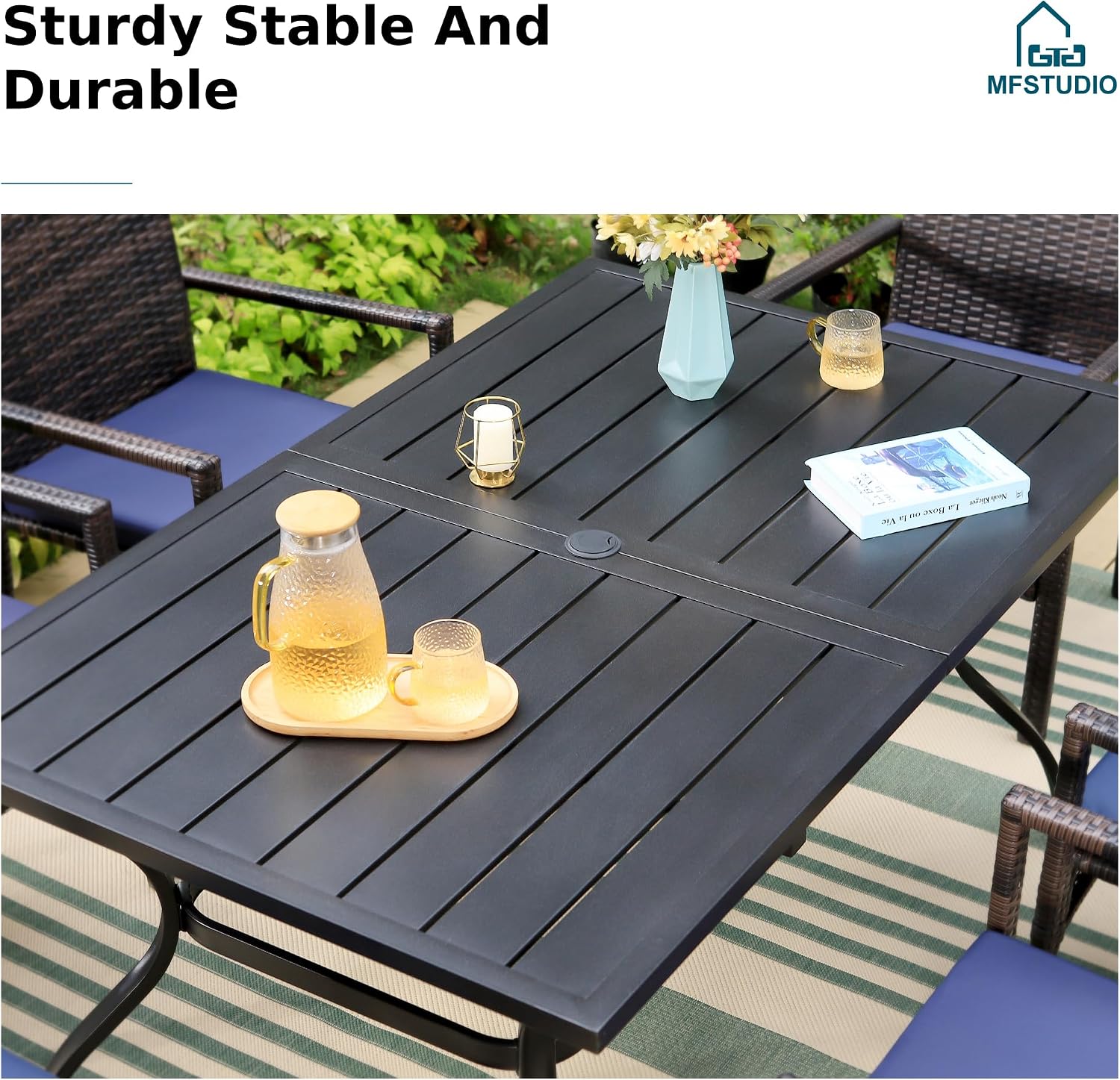 MFSTUDIO 7 Pieces Outdoor Dining Set for 6 with Umbrella, 60” Rectangular Metal Table & Rattan Chairs & 13ft Umbrella, Patio Table and Chairs for 6, Large Deck Dining Furniture with Umbrella