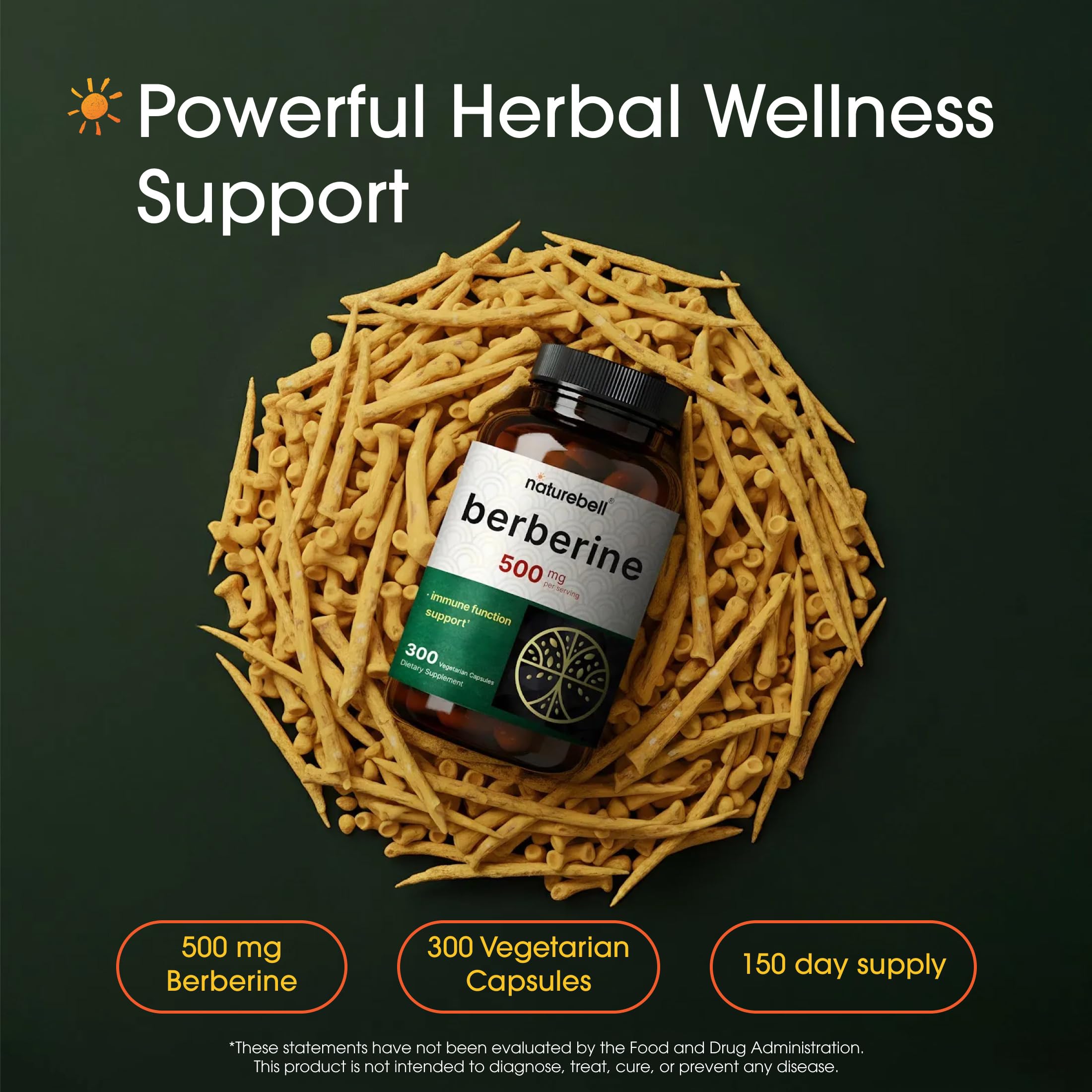 NatureBell Berberine 500mg - 300 Capsules - 97% Pure Berberine HCl - 5:1 Root Extract of Berberis Aristata - Antioxidant, Alkaloid & Adaptogenic Support* — Amazon image 2