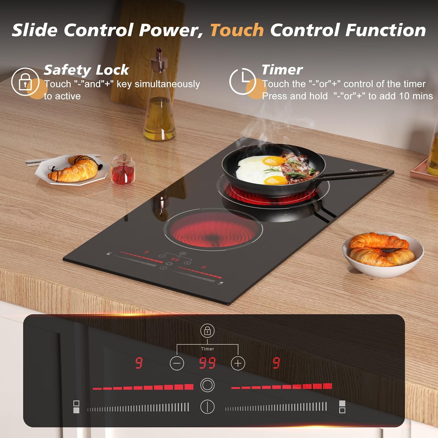 2 Burner Electric Cooktop 220V-240V, 12 Inch Electric Stove Built-in, 9 Power Levels Sliding Control, Electric Cooktop with Timer, Safety Lock, Extended Zone, 3200W, Hard Wire(No Plug)