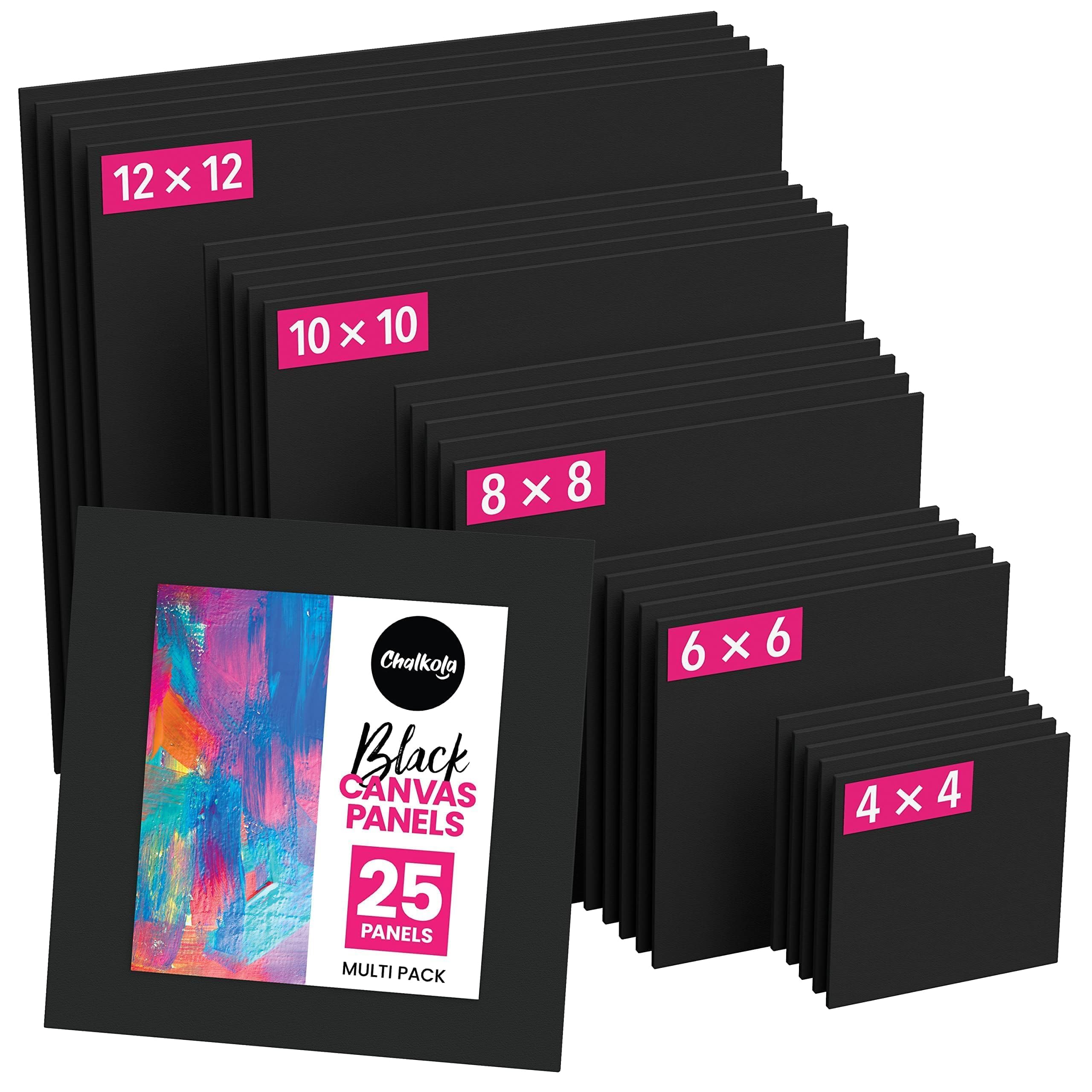 Chalkola Black Canvas for Painting (25 Pack, Square Canvas Panels) - 4x4, 6x6, 8x8, 10x10, 12x12 inch (5 Each) - Painting Canvases are 100% Cotton, Primed, Acid Free Art Boards for Adults & Artists