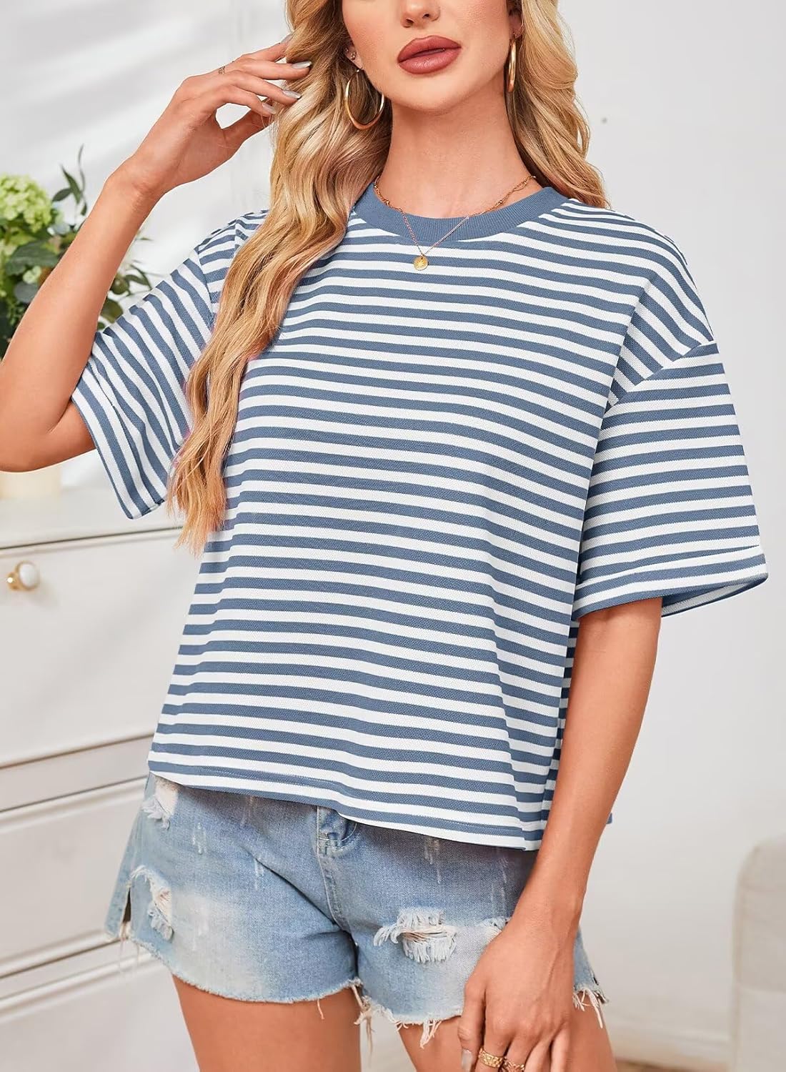 Womens Summer Tops Loose Fit Crewneck Short Sleeve Casual Striped T Shirts Bowknot Cutout Back Tie Wide Boxy Tee - Image 2