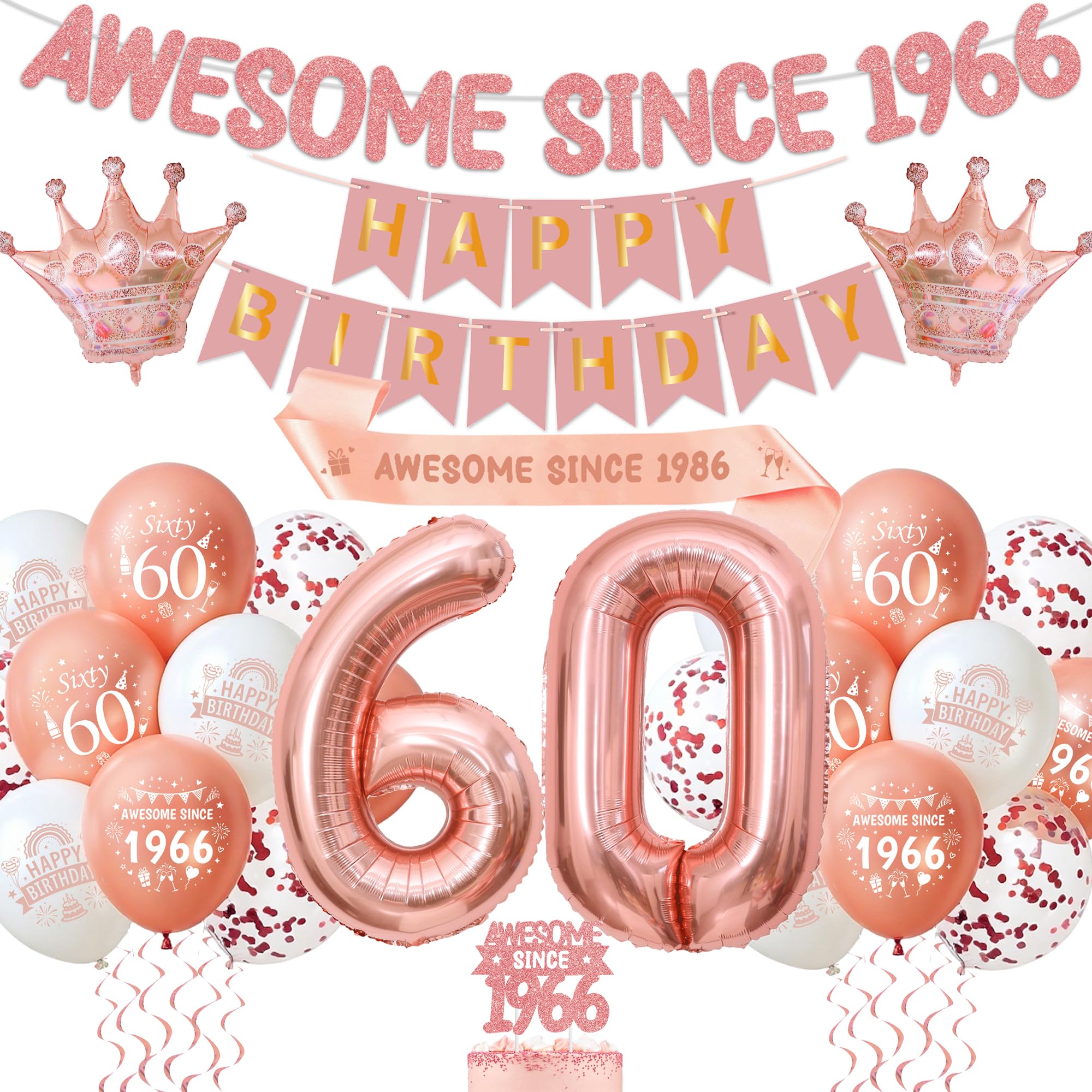 60th Birthday Decorations Rose Gold - Awesome Since 1966 Banner Set with Cake Topper and Sash, Happy Birthday Banners, Number Foil Balloons, Latex Balloons for 60 Years Old Party Supplies