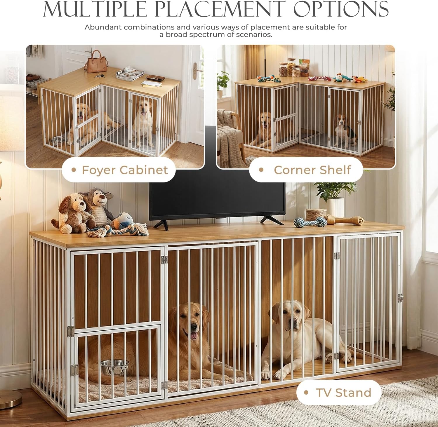 Large Double Dog Crate Furniture - TV Stand & Indoor Kennel with Adjustable Divider, Heavy Duty Wooden Pet House for 2 Large Breed Dogs, Removable Doors, with Rotating Feeder (White)