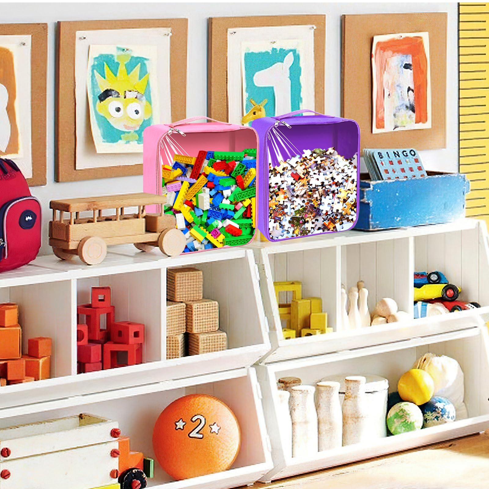 6 Pack Toy Storage Bags With Clear PVC Window - Multicolor Oxford Fabric Organizer 11.8x9.8x5.1 Inches