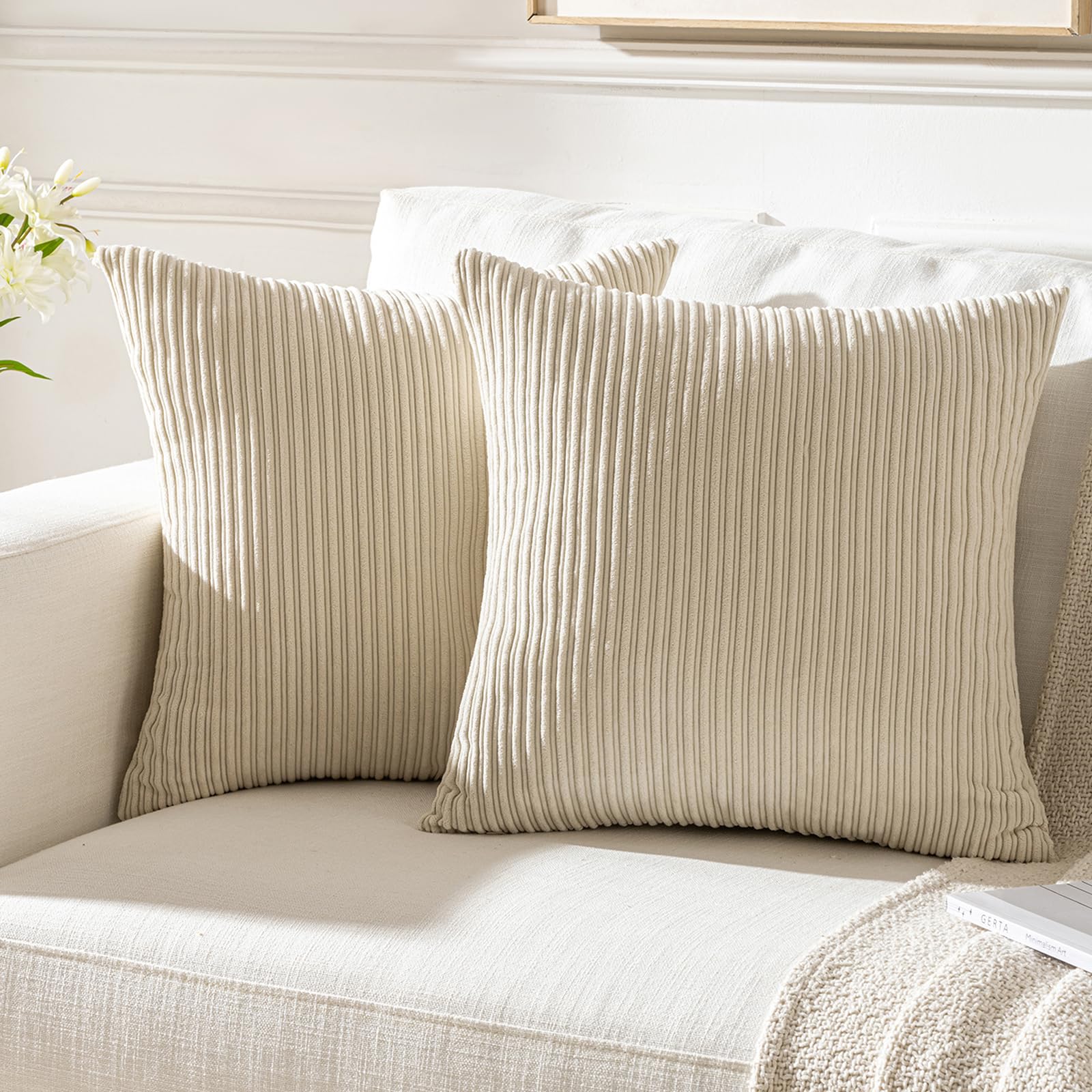 Aisybaklyn Fundas de Cojines 40x40cm Beige Geométrico Pana a Rayas Cuatro Estaciones Decorativa Juego de 2 para Sala de Estar Dormitorio Sofá Cama