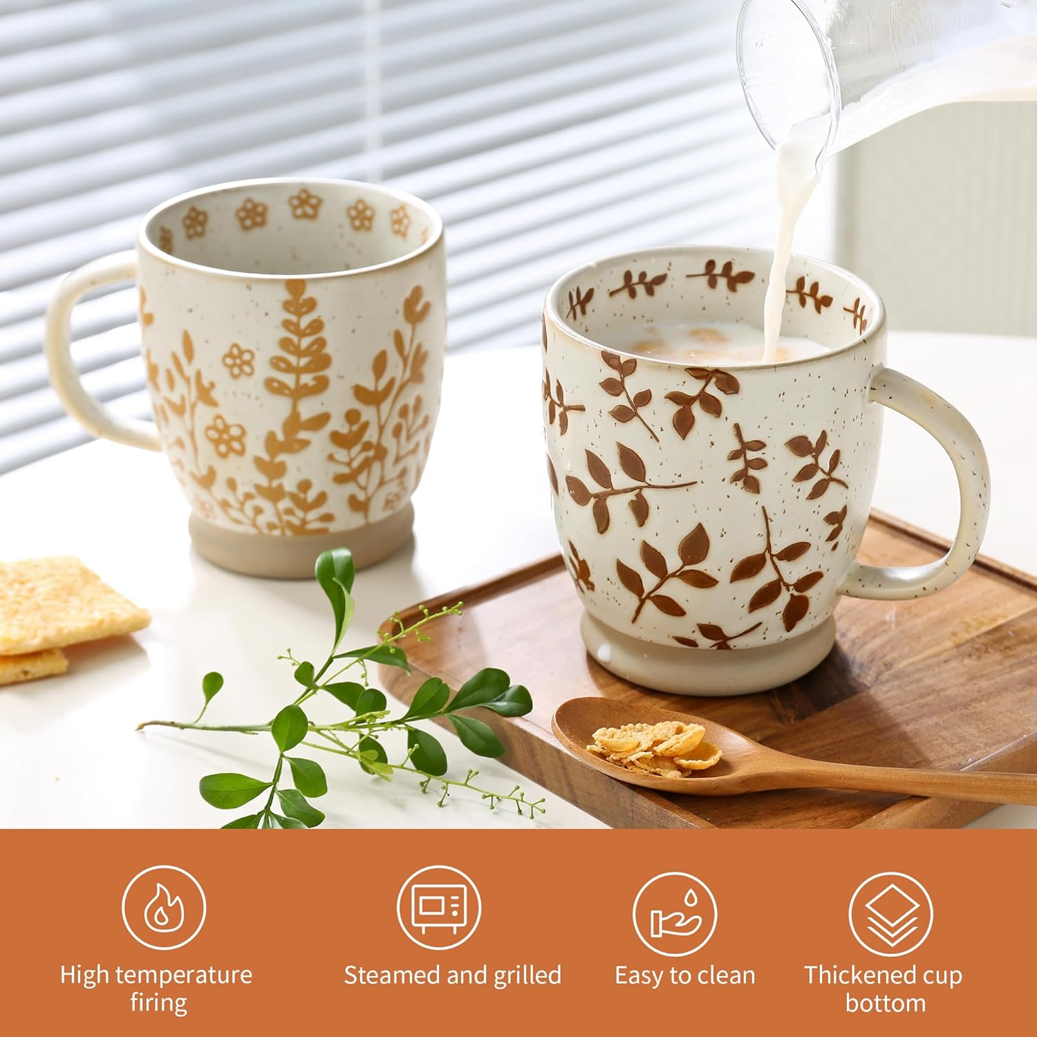 Ceramic Coffee Mug with Colorful Pattern, 18OZ Stoneware Coffee Mug with Large Handle, Tea Cup for Cappuccino, Cocoa, Latte, Tea, Microwave, Oven and Dishwasher Safe, Green grass - Image 2