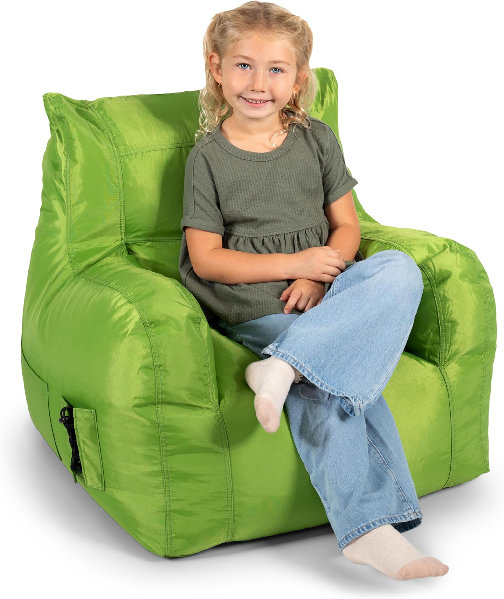 Dorm Bean Bag Chair with Drink Holder and Pocket, Spicy Lime Smartmax, Durable Polyester Nylon Blend, 3 feet