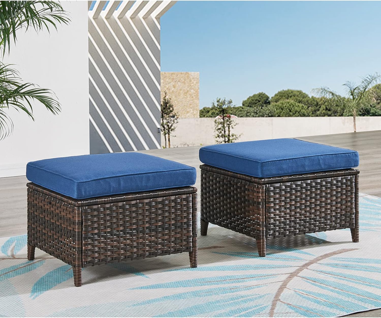 HUMMUH Outdoor Ottomans for Patio Set of 2 PE Wicker Steel Frame Outdoor Footstool for Patio, Backyard, Additional Seating, Side Tables with Removable Weather-Resistant Cushions