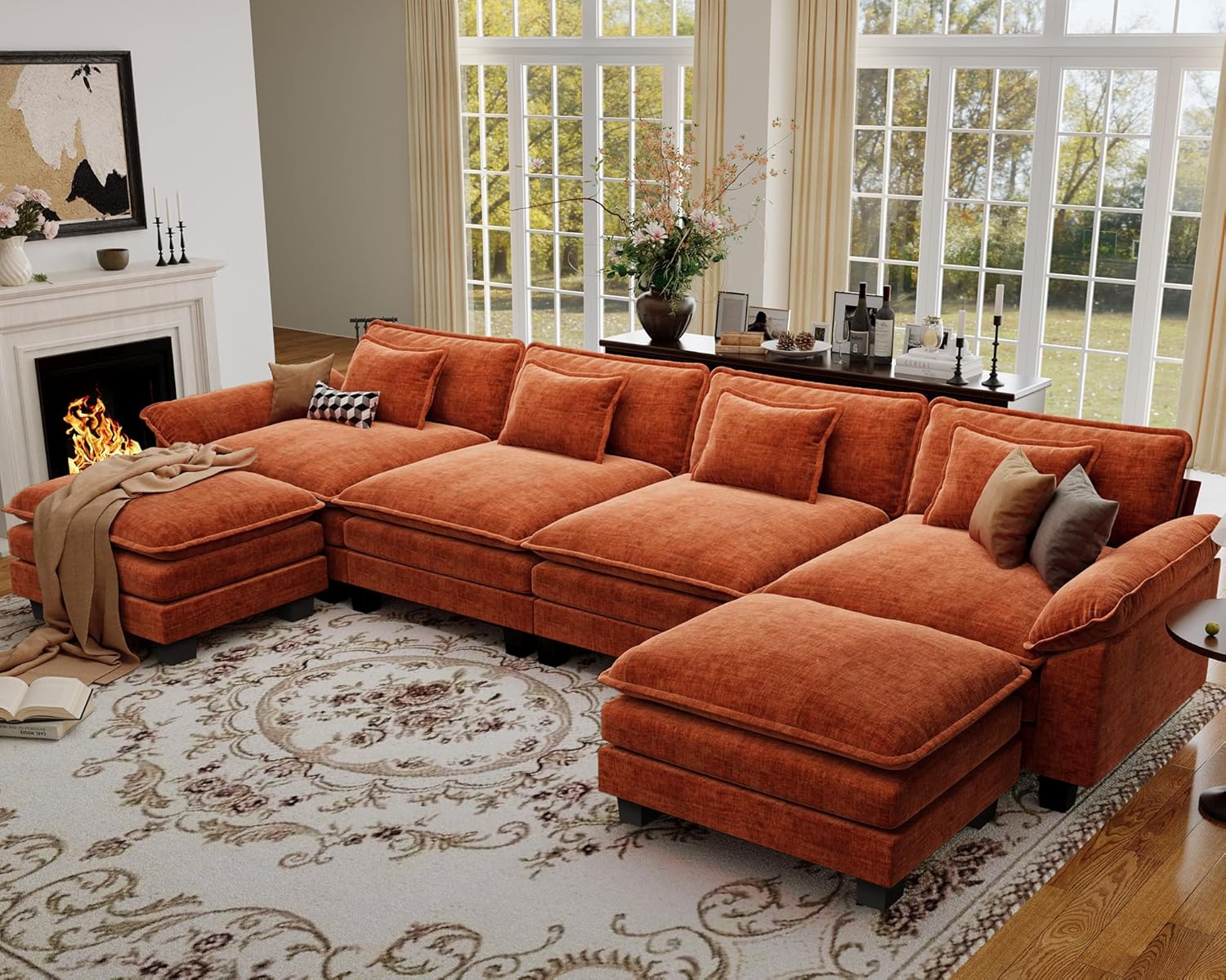 CDCASA 154" Oversized Modular Sectional Sofa, Comfy U-Shaped Cloud Couch w/ 2 Movable Ottomans, 6-Seater Chenille Deep Seat Modern Sofa Couch for Living Room, DIY Combination, Terracotta Orange