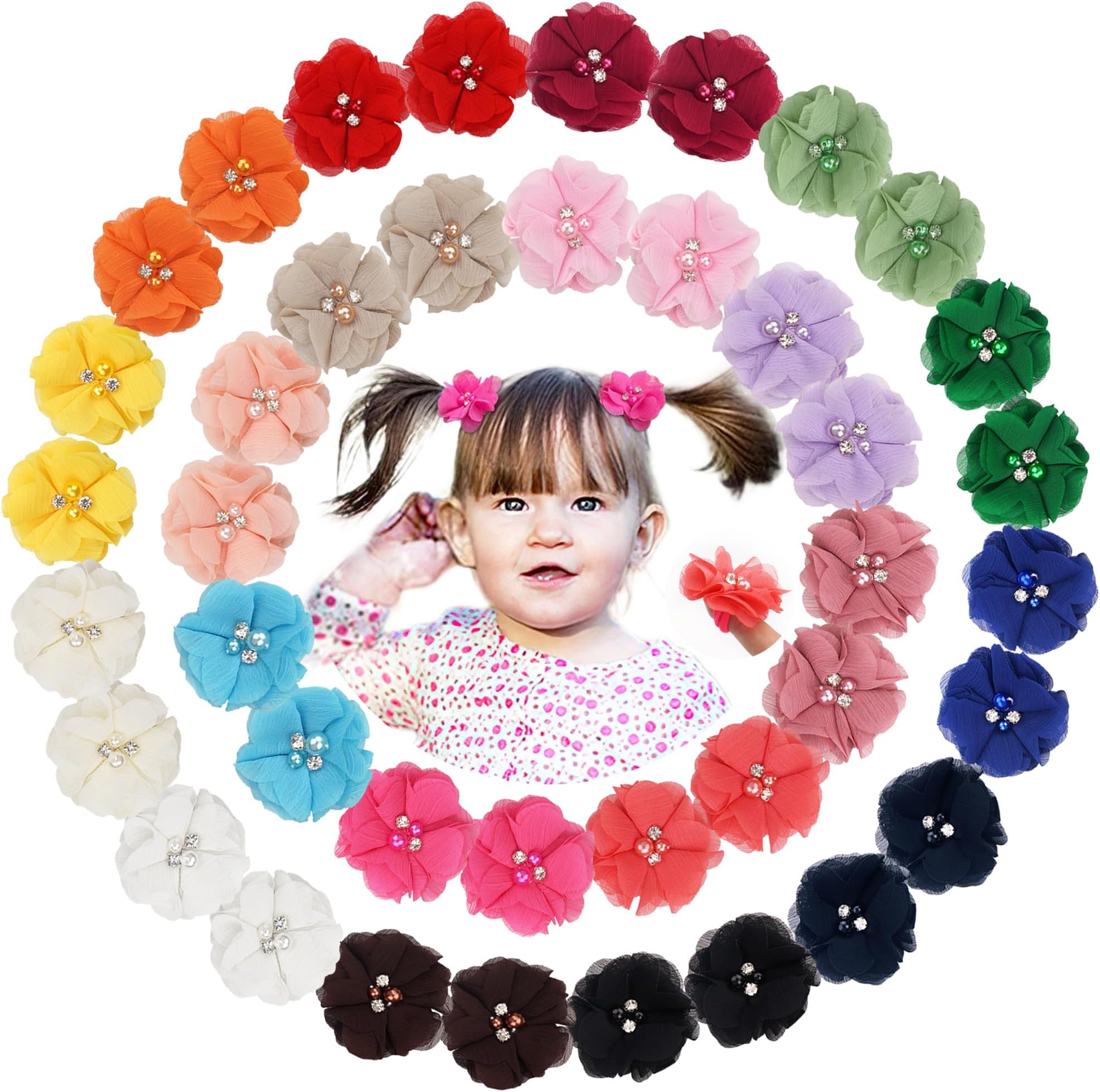 40 Pack Baby Girls Hair Accessories - 2 Inch Handmade Pearl Rhinestone Chiffon Flower Soft Elastics Ponytail Holders for Newborns to Kids