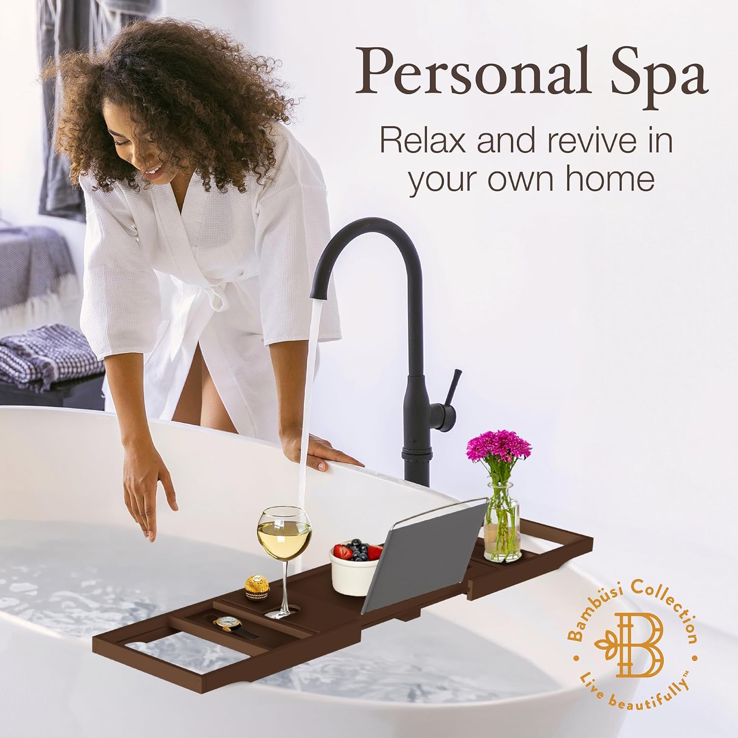 Wooden Bathtub Tray - Foldable & Expandable Bamboo Bath Tray for Tub with Wine Holder, Book & Tablet Stand - Bath Caddy Tray for Bathtub, Spa Bath Accessories, Tub Tray Table, (Brown)