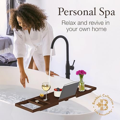 Miniatura 35 de Bambüsi Mesa de bandeja de bañera, plegable y ajustable, bandeja de bañera de bambú plegable, accesorios de bañera de madera, regalos únicos