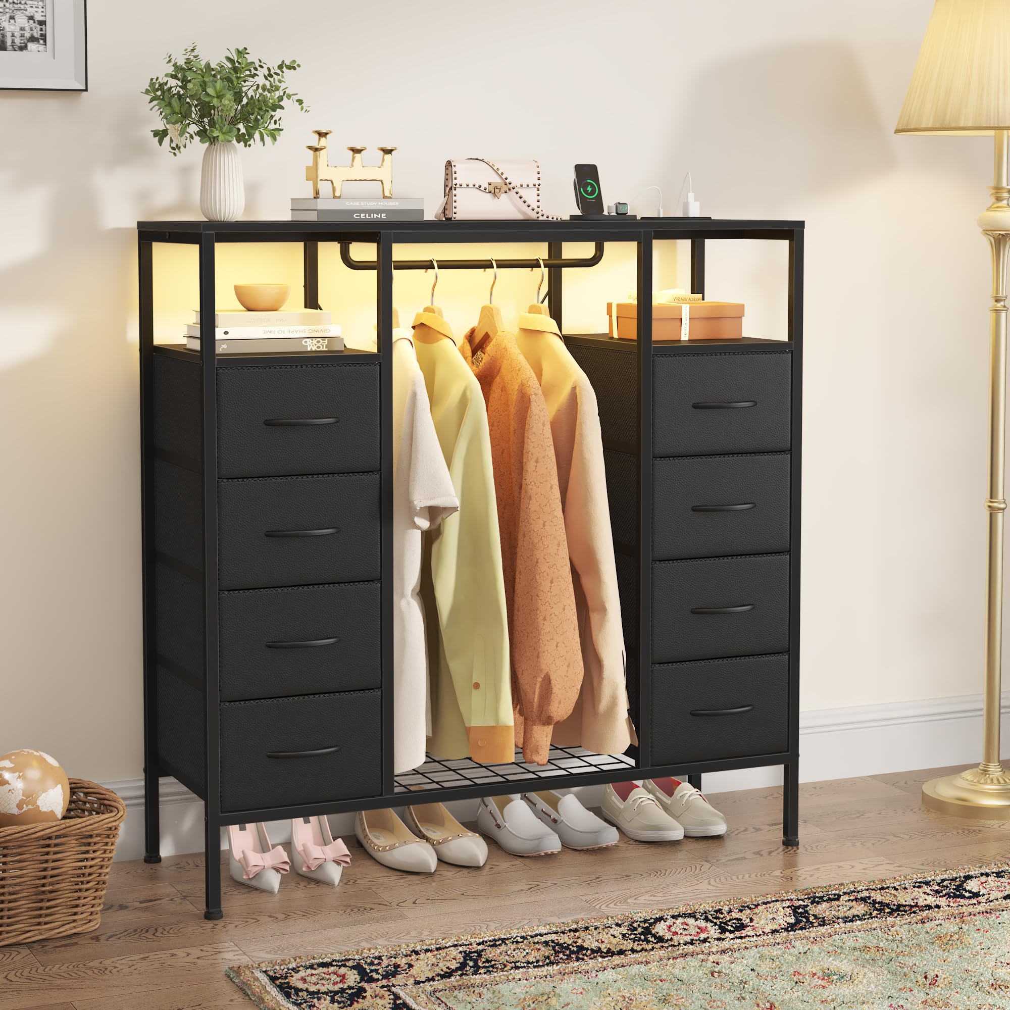 HIGDBFE 8 Drawers Dresser with Hanging Rack, Led Dresser with Charging Station, Kids Dressers with Clothes Rack Open Shelves, Chest of Drawers with