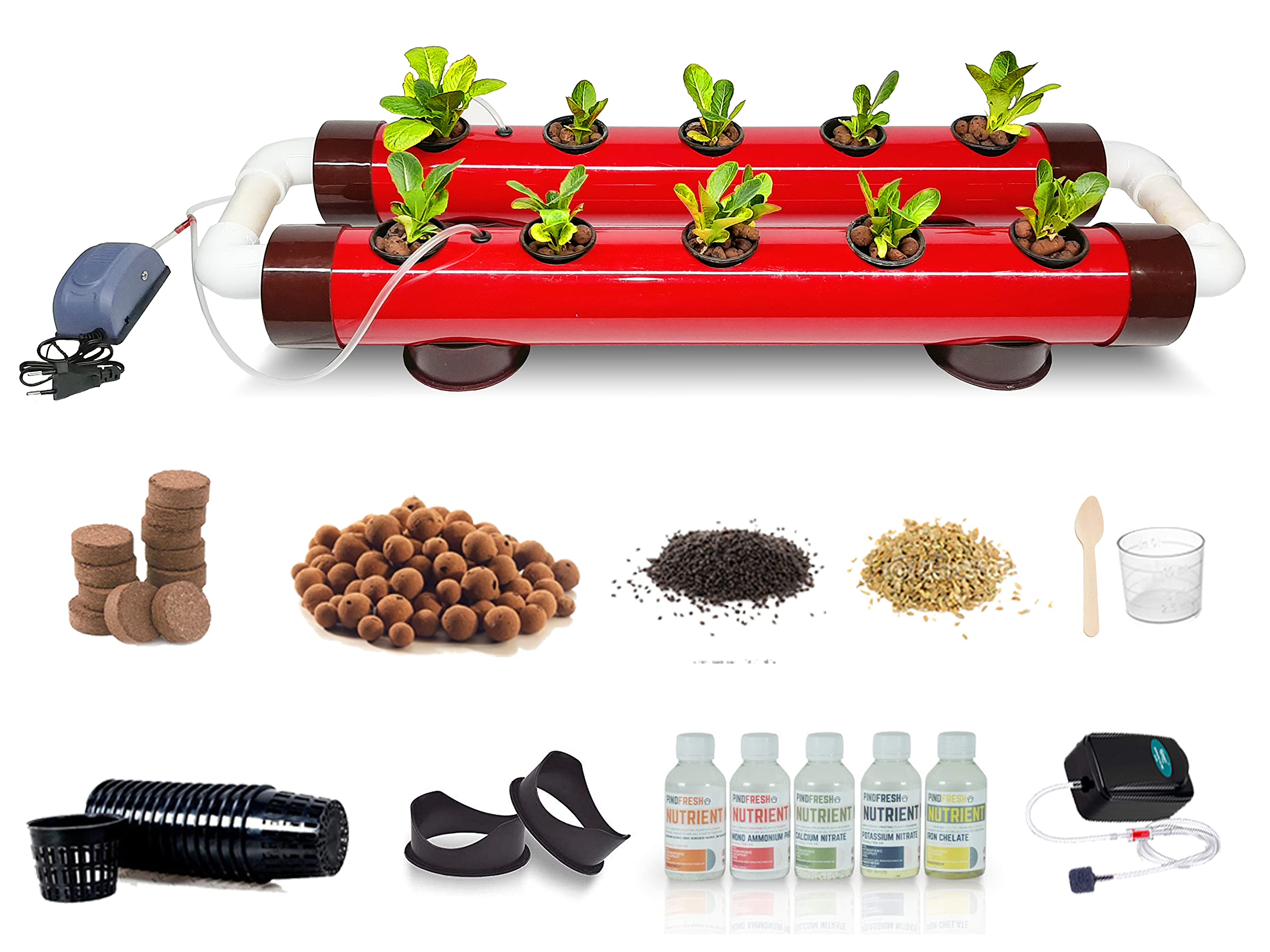 Pindfresh Hydroponics Kit for home - PindPipe Duo - 10 Plants, Good for Leafy Greens - Beginners hydroponic System - Reusable - for Indoor/Outdoor hydroponics - Seeds Included (red)-image-1