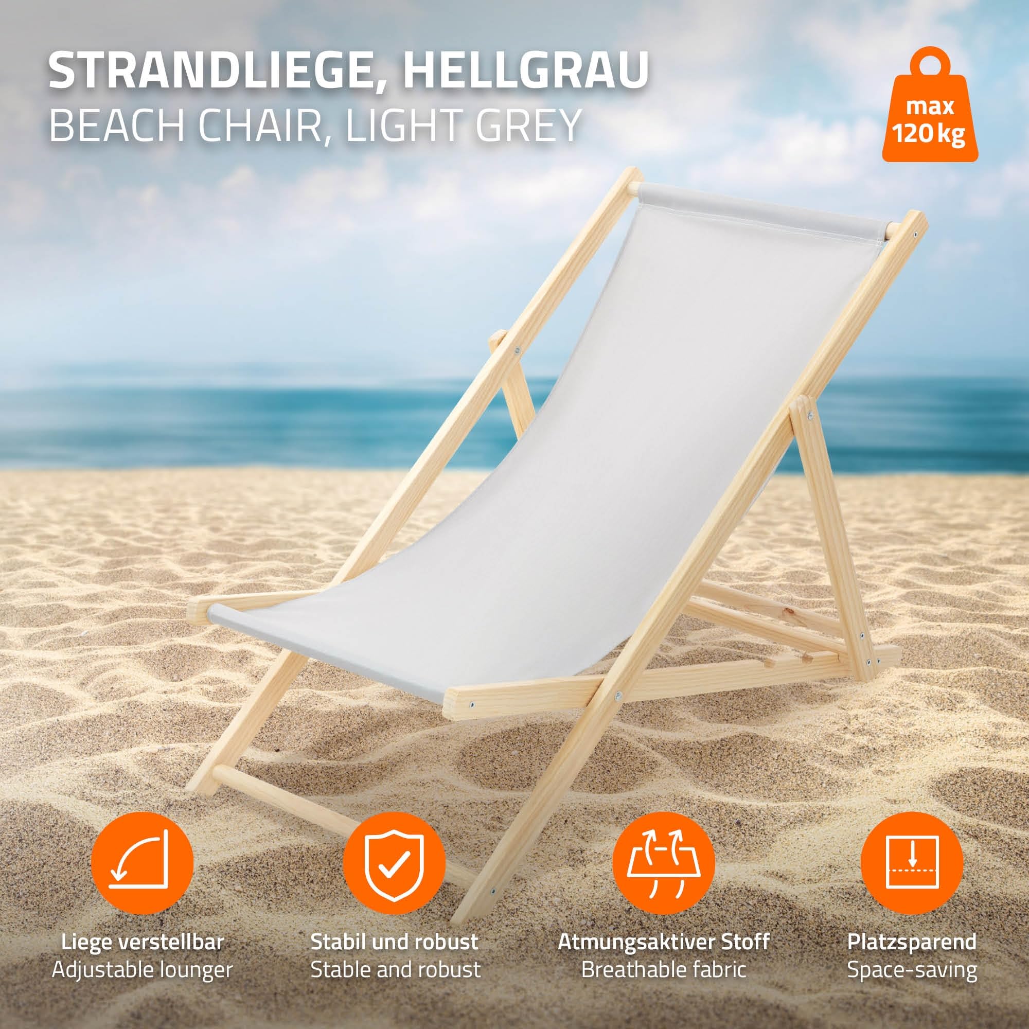 ECD Germany 10x Sedie a Sdraio Pieghevole in Legno con Tessuto Traspirante Grigio Chiaro Schienale Reclinabile in 3 Posizioni, Lettino Relax con Portata 120 kg per Spiaggia, Giardino e Terrazza