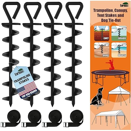 Eurmax USA Trampoline Stakes Heavy Duty Trampoline Parts Steel Stakes Anchor Kit for Trampolines Canopy Anchor Dog Tie Out Stakes -Set of 4 Bonus 4 Strong Belt(Black)