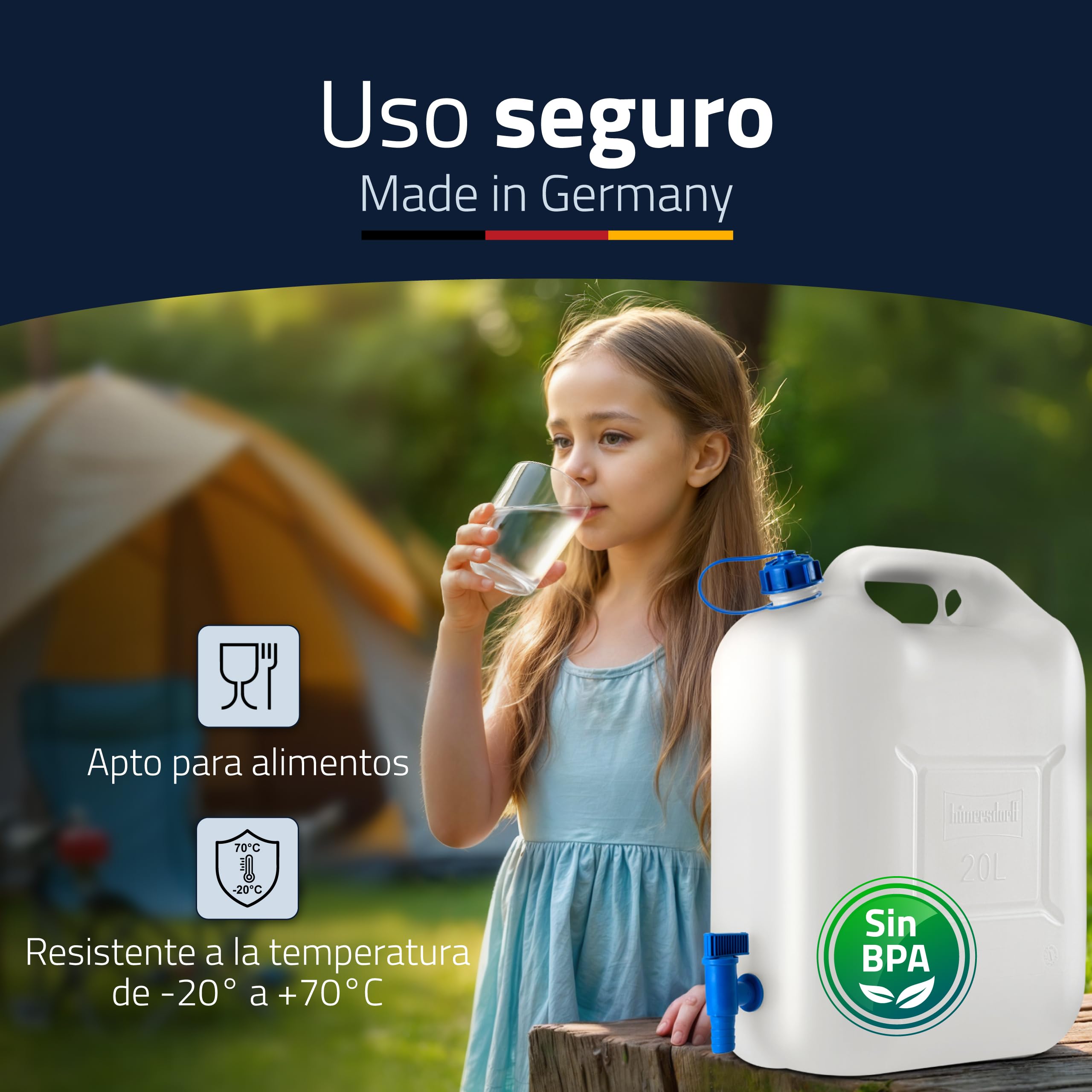 Hünersdorff | Bidón para agua ECO 22 L con grifo | PEAD natural | con grifo de descarga azul montado de forma fija | Bote de agua de plástico | garrafa plastico con grifo