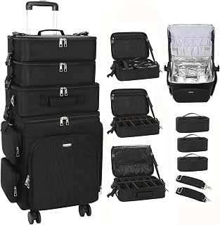 Relavel Rolling Makeup Case, 4 in 1 Hairstylist Traveling Bag Cosmetology Case on Wheels Large Hair Tools Cosmetics Train Case Makeup Artist Storage Organizer Trolley Suitcase with 360° Swivel Wheels
