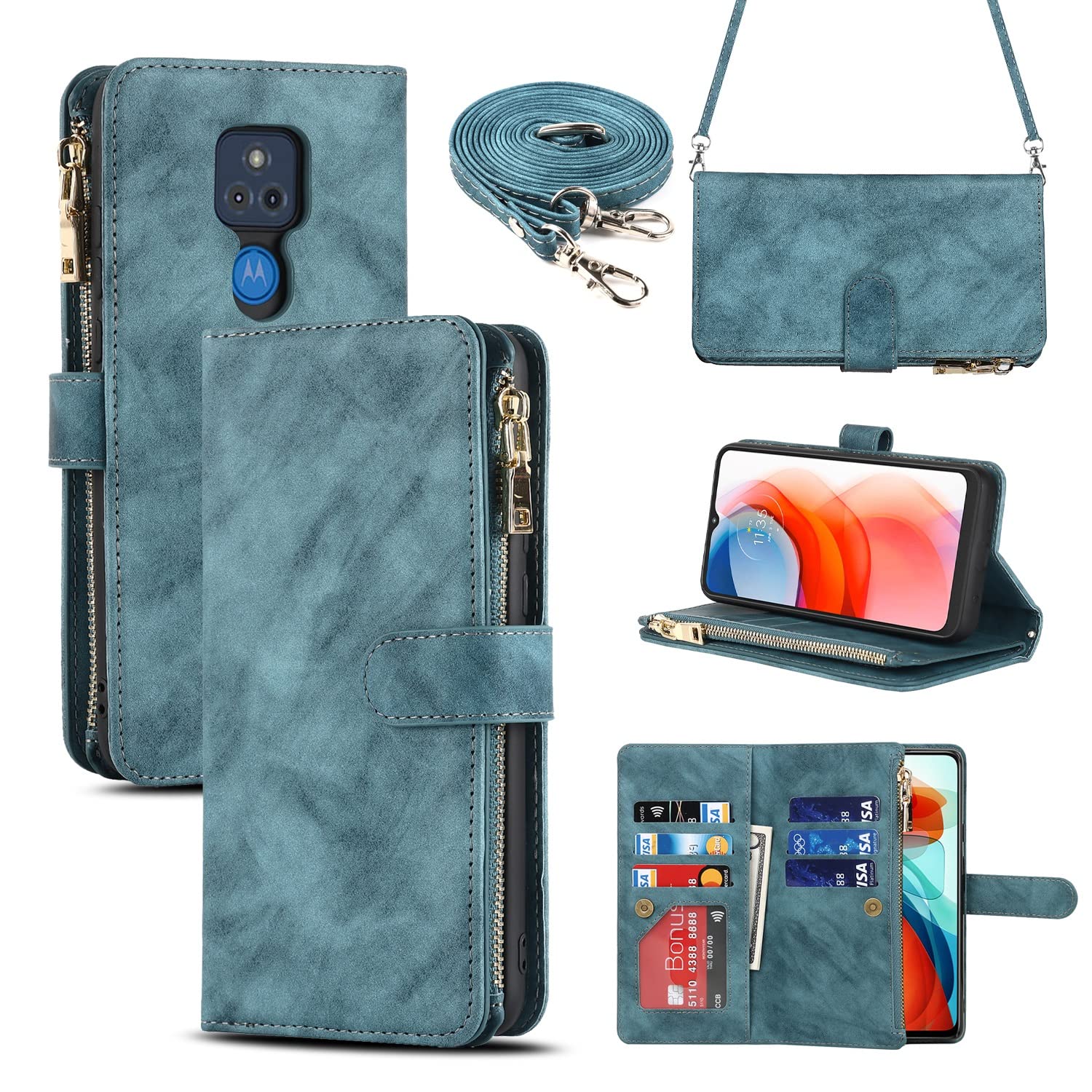 iCoverCase for Motorola Moto G Play 2021 Wallet Case with Card Holder, Kickstand Feature PU Leather Case with Adjustable Crossbody Lanyard Magnetic