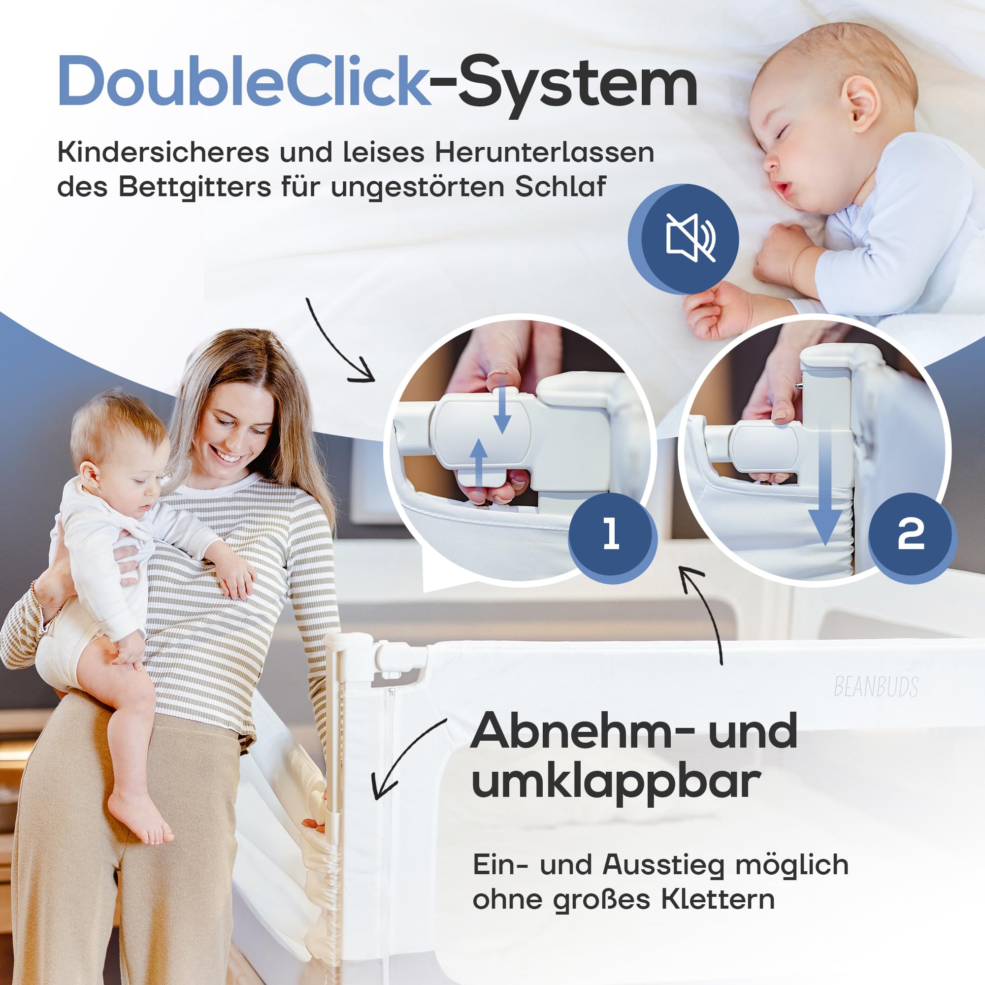 BEANBUDS® Bettgitter Rausfallschutz 200cm [1 Seite], Grau | Bettschutzgitter Lattenrost & Boxspringbett, Baby Gitterschutz Elternbett & Kinderbett, inkl. extra Gurt, Bett Fallschutz