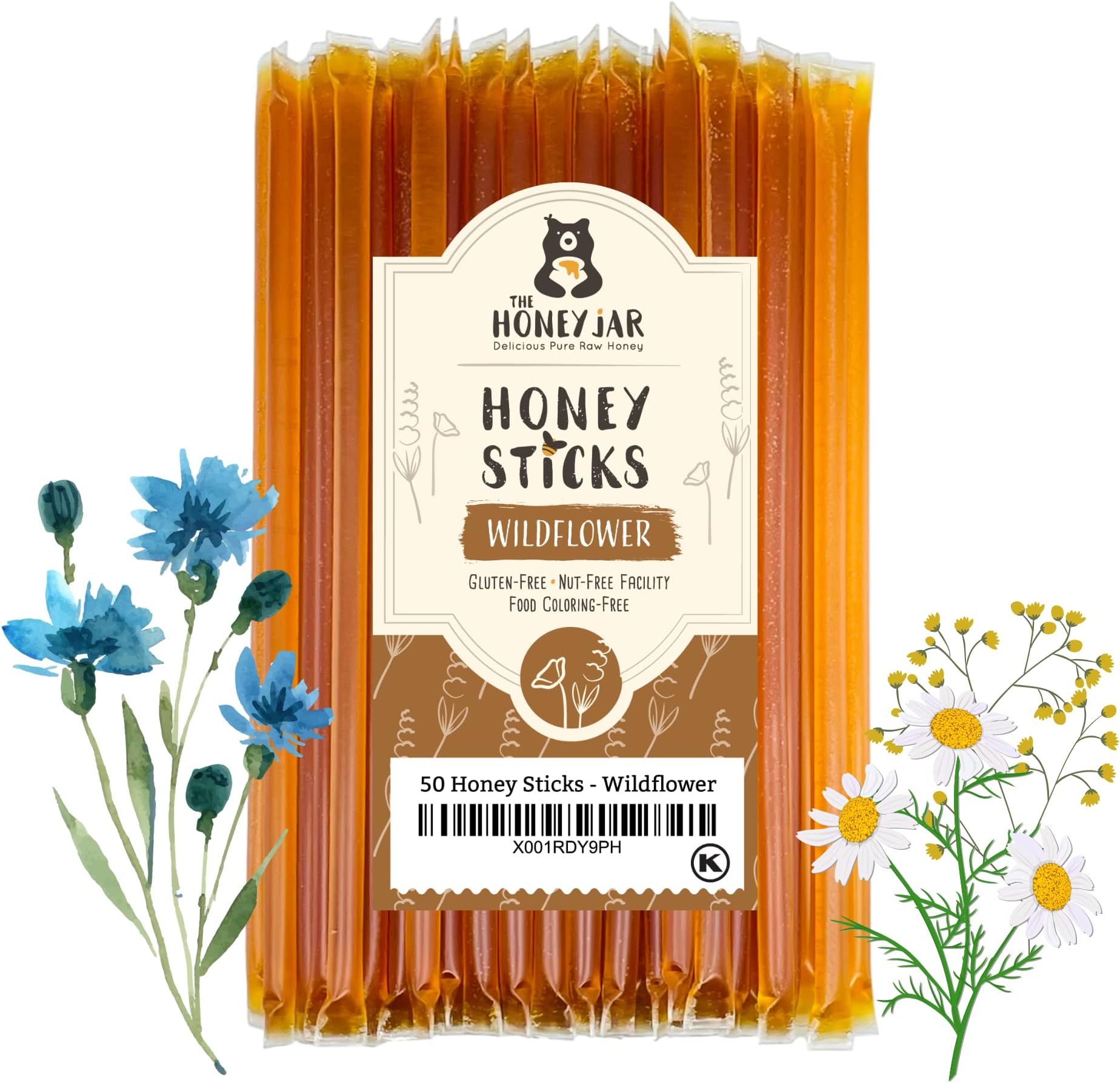 The Honey Jar - Wildflower Varietal Honey Sticks - Pure Honey Straws For Tea, Coffee, or a Healthy Treat - One Teaspoon of Flavored Honey Per Stick - Made In The USA, Real Honey - (50 Count)
