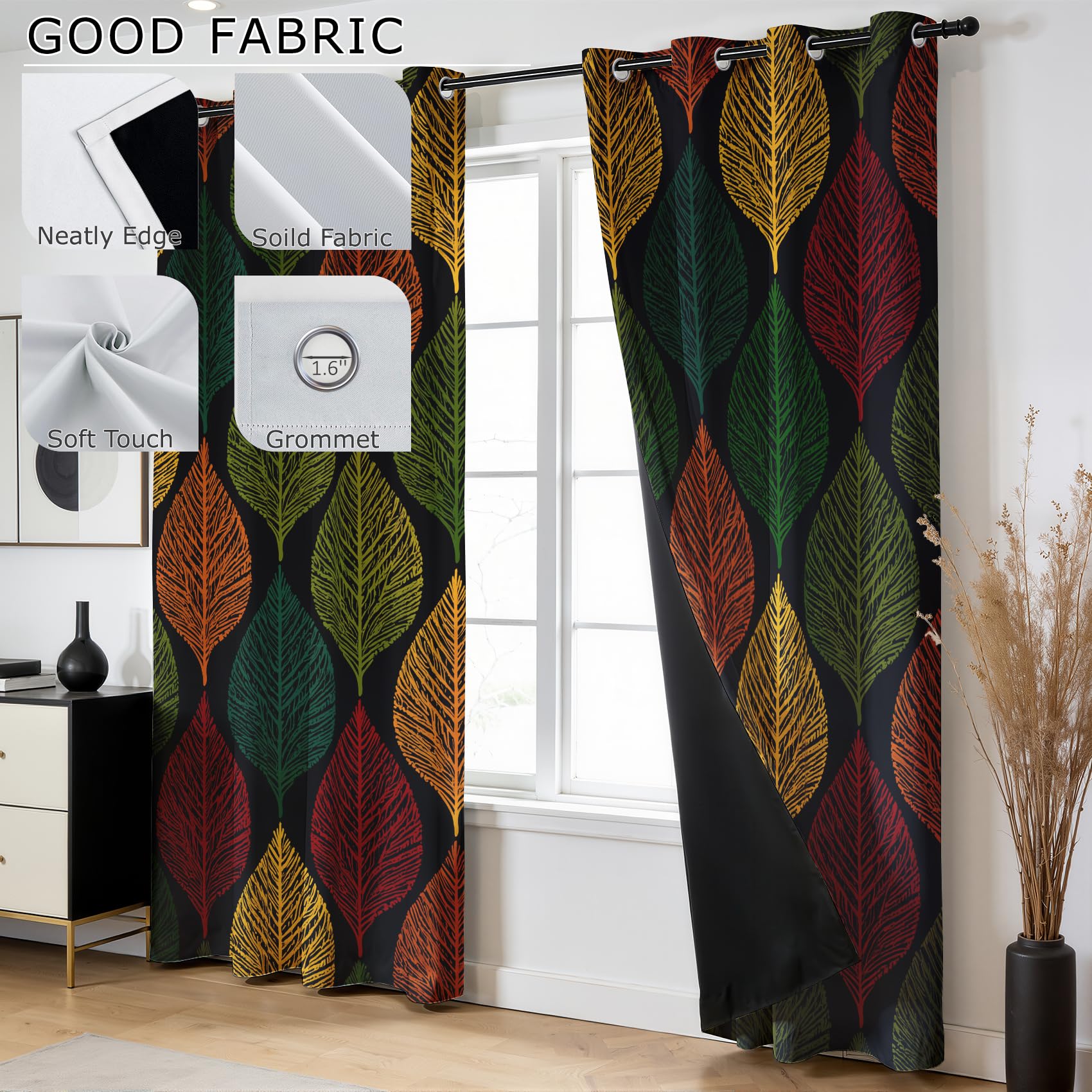 Mistela Blätter Verdunklungsvorhänge - Gardinen Boho Bunte Blätter Blickdicht Vorhang mit Ösen Verdunklungsvorhänge für Kinderzimmer Wohnzimmer Schlafzimmer Dekoration - 2er Set - H220 x B140cm