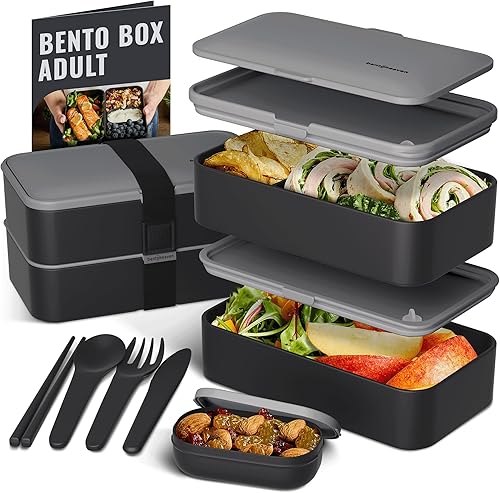 Bentoheaven Lonchera bento premium para adultos con 2 compartimentos (40 onzas), cubiertos y juego de palillos, recipiente de inmersión grande,