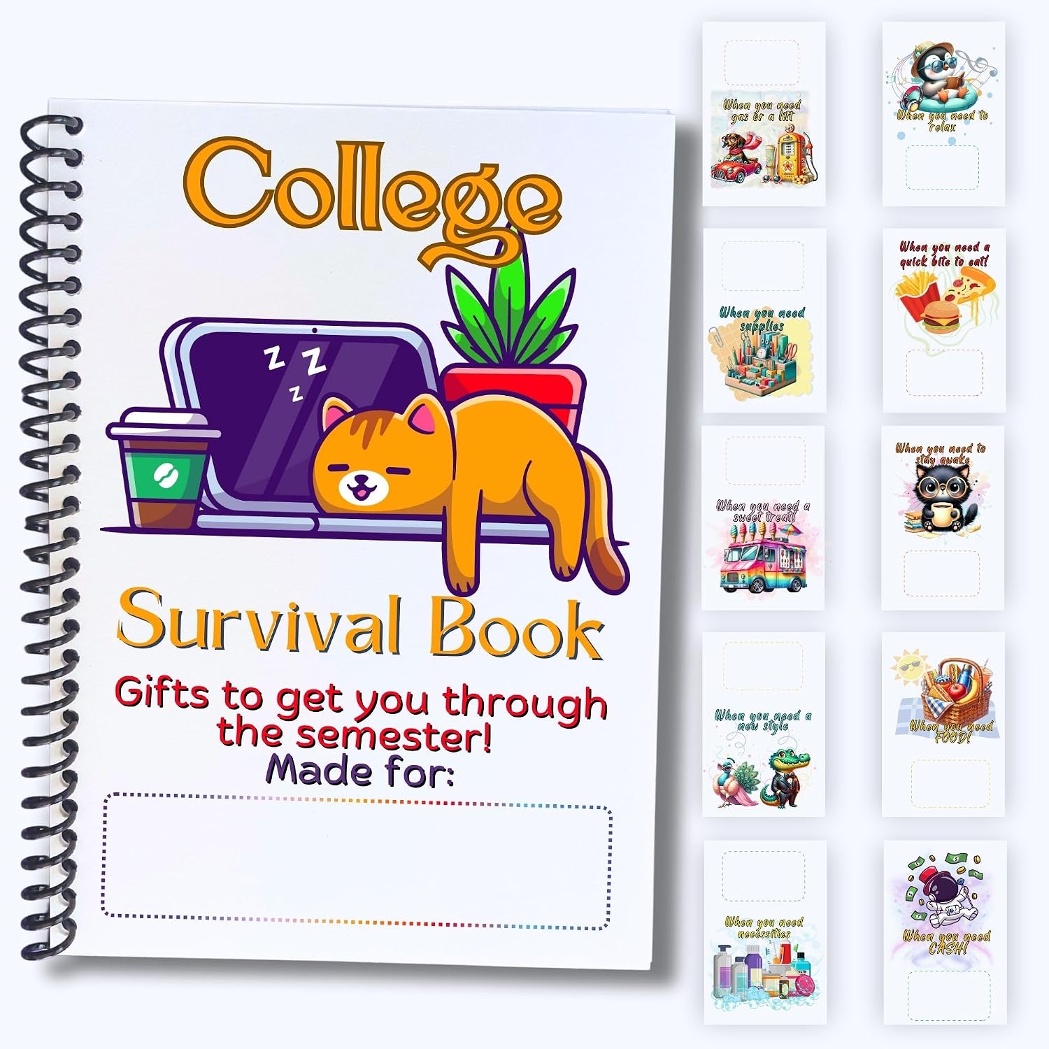 School/College Survival Gift Card Book 5x7 inches with Stickers, Protective PVC Cover, and 20 Double Sided Sticky Dots - 6 Different Cover Design Options (Laptop Cat)