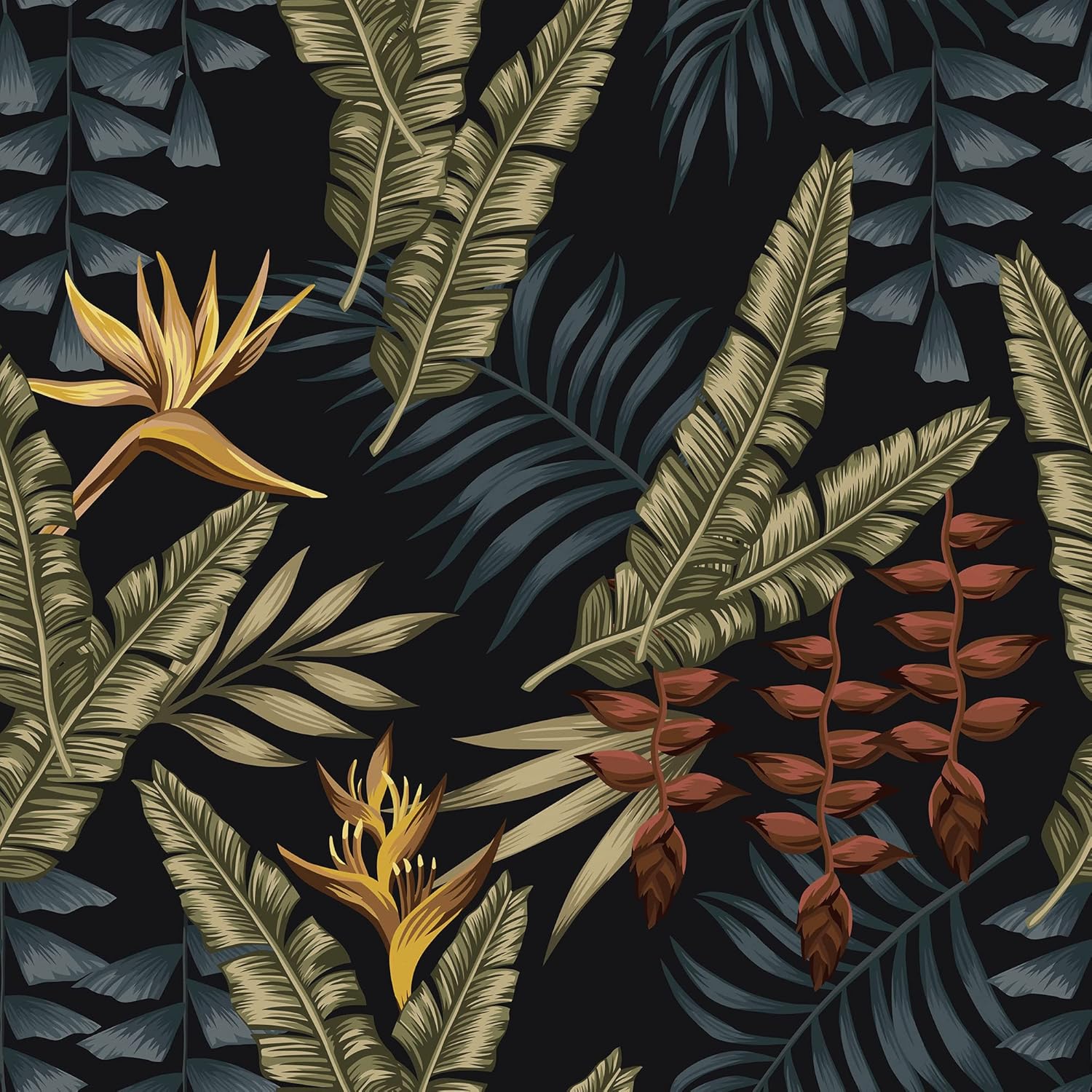 WESTICK Dark Tropical Wallpaper Vintage Palm Tree Wallpaper Peel and Stick Banana Leaf Contact Paper Decorative Jungle Plant Wall Paper Removable Black Palm Wallpapers for Bathroom Closet 17.75x118 in
