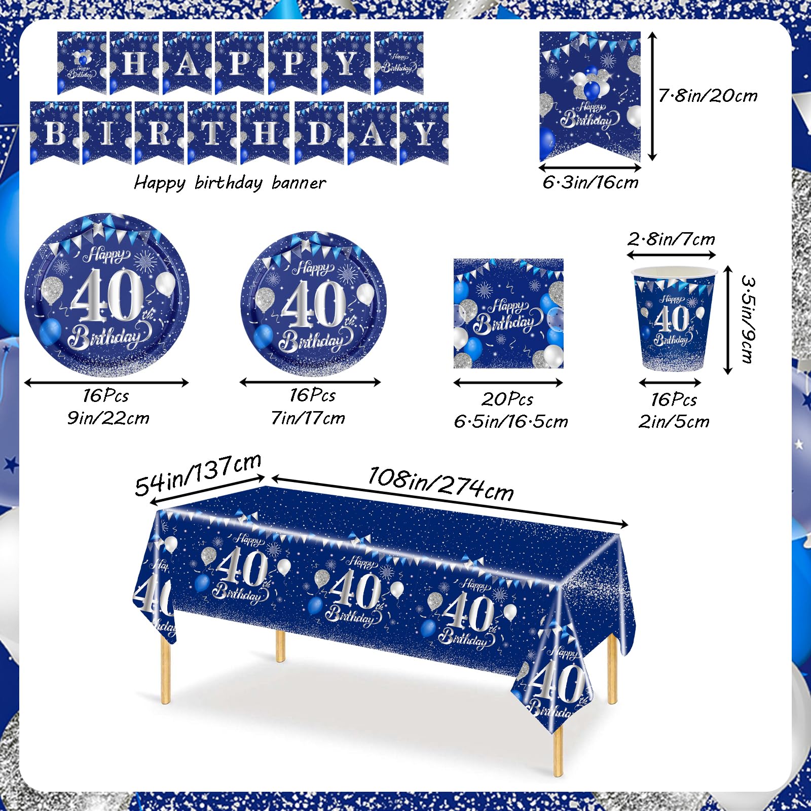 Marineblau Partygeschirr 40. Geburtstag 70 teiliges Set. Pappteller, Pappbecher, Servietten, Papierbanner, 40 Jahre Party für Herren und Damen Geburtstag Tischdeko