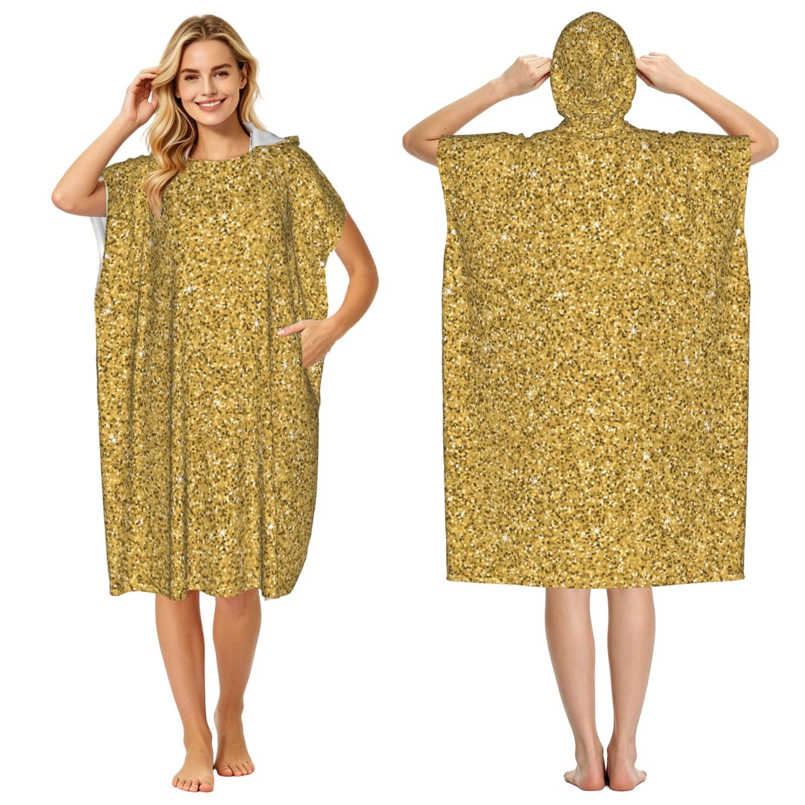 Poadnly Seamless Gold Glitter Shimmer, Adult Hooded Beach Towel 90 x 110 cm,Changing Bath Robe, Surf Poncho Towel For Women Men
