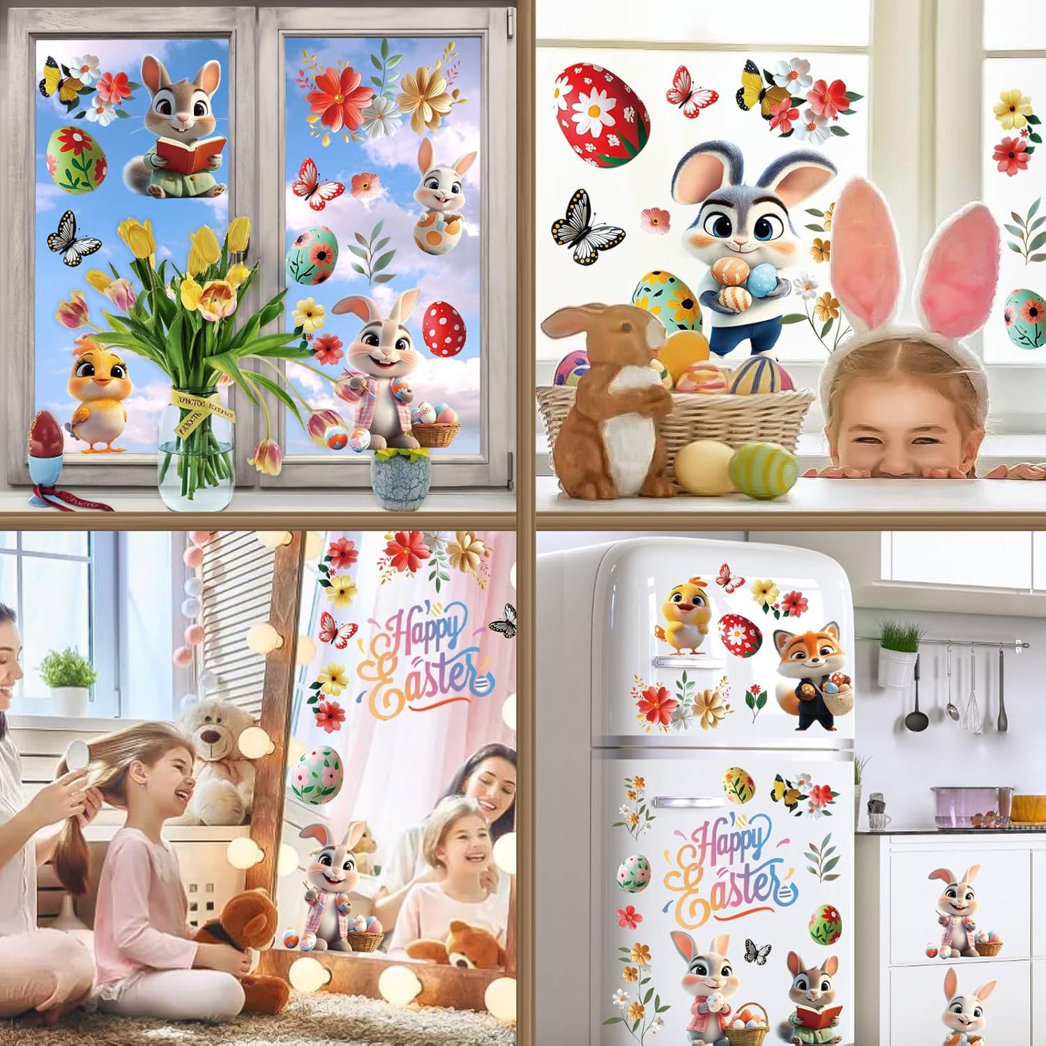 AhfuLife Easter Window Cling, 9 Sheets Larger 3D Bunny Rabbit Chick Window Stickers, Happy Easter Eggs Spring Window Decals for Home, Office, School Party Decoration Supplies