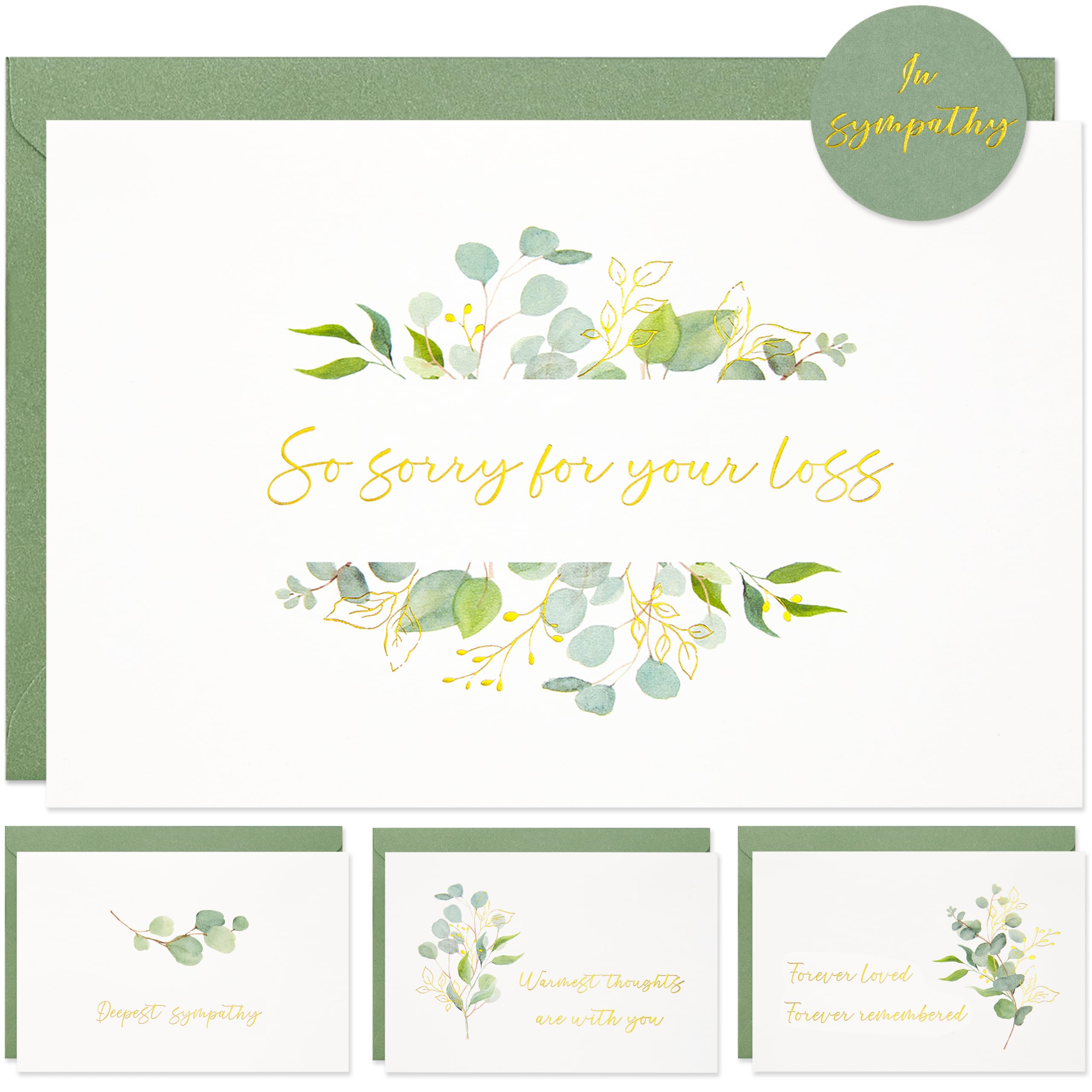 Crisky 4 Pack Greenery Gold Foil Sympathy Cards with Envelopes Sealed 4 Assortment Condolence/Bereavement Cards
