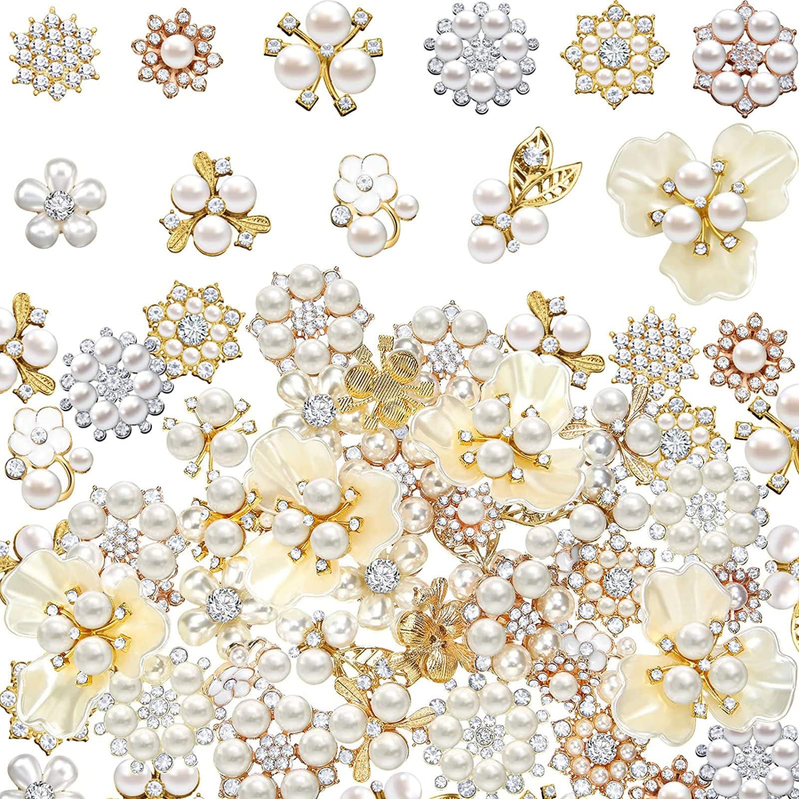Waydress 66 Pieces Craft Pearl Crystal Rhinestone Buttons Flower Faux Pearl Bouquet Embellishments for Crafting Flat Back Decorative Button DIY Jewelry Making Supplies Wedding Bouquet Jewelry (Gold)