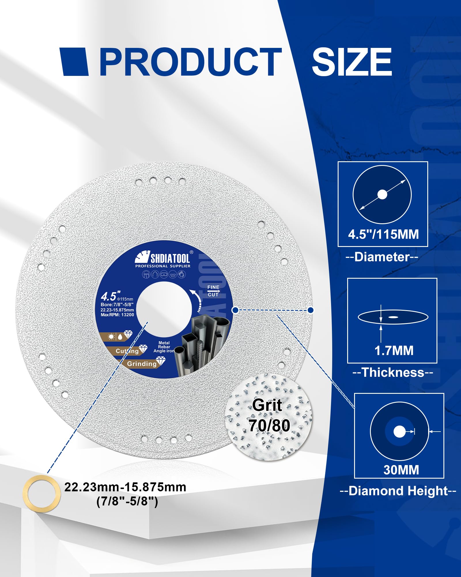 SHDIATOOL 115mm Disco Diamante para Metal - 22,23/15,875mm Discos Corte x 4