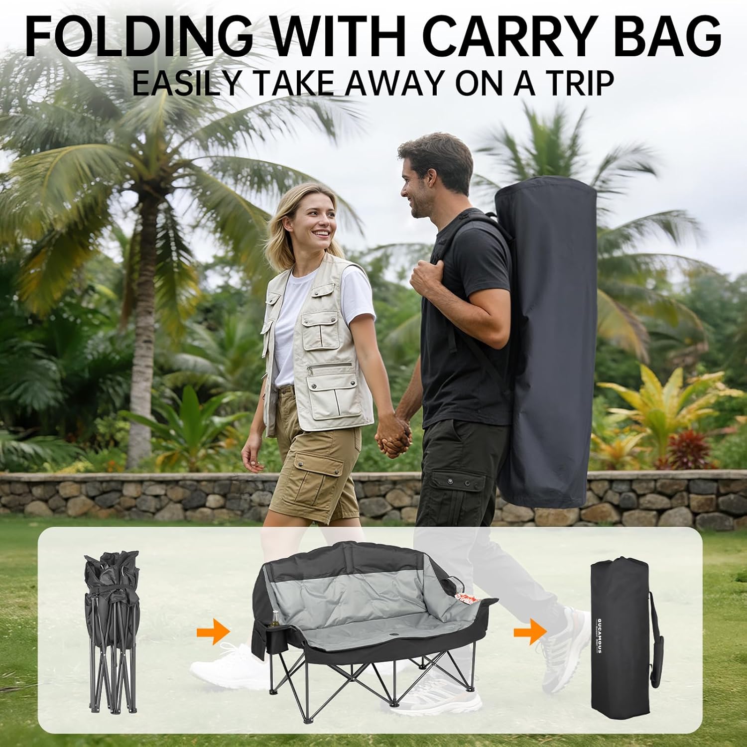 Heavy Duty Double XL Camping Chair for Adults, Oversized 2 Person Camping Loveseat with Thick Padding, Folding Outdoor Couch Supports Up to 600 lbs for Family Camping, Stargazing, Fishing Black & Grey
