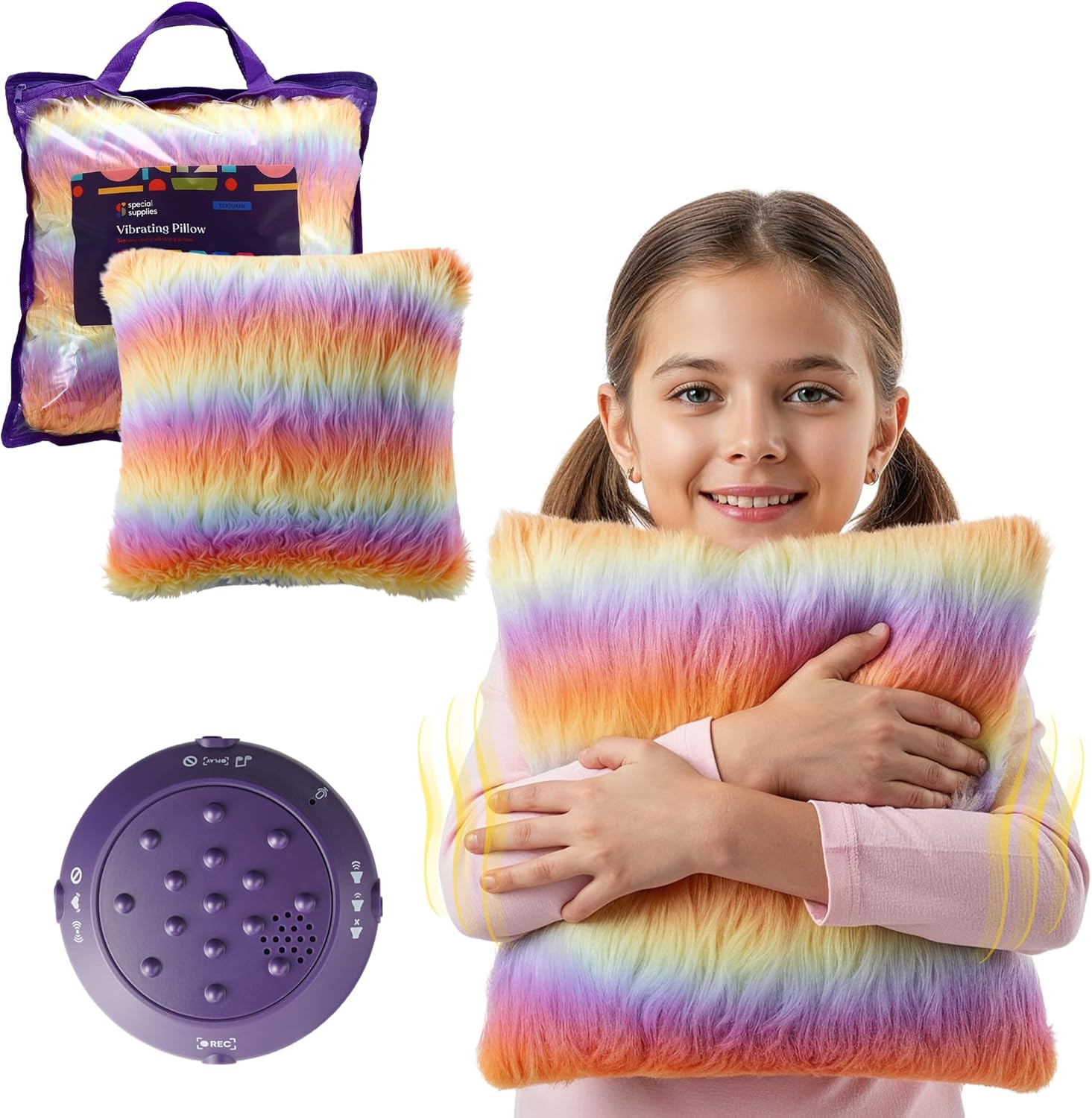 Special Supplies Sensory Vibrating Pillow, Pressure Activated for Kids and Adults, Minky Soft with Colorful Plush Fur, 3 Vibration Modes, Music & Voice Recording