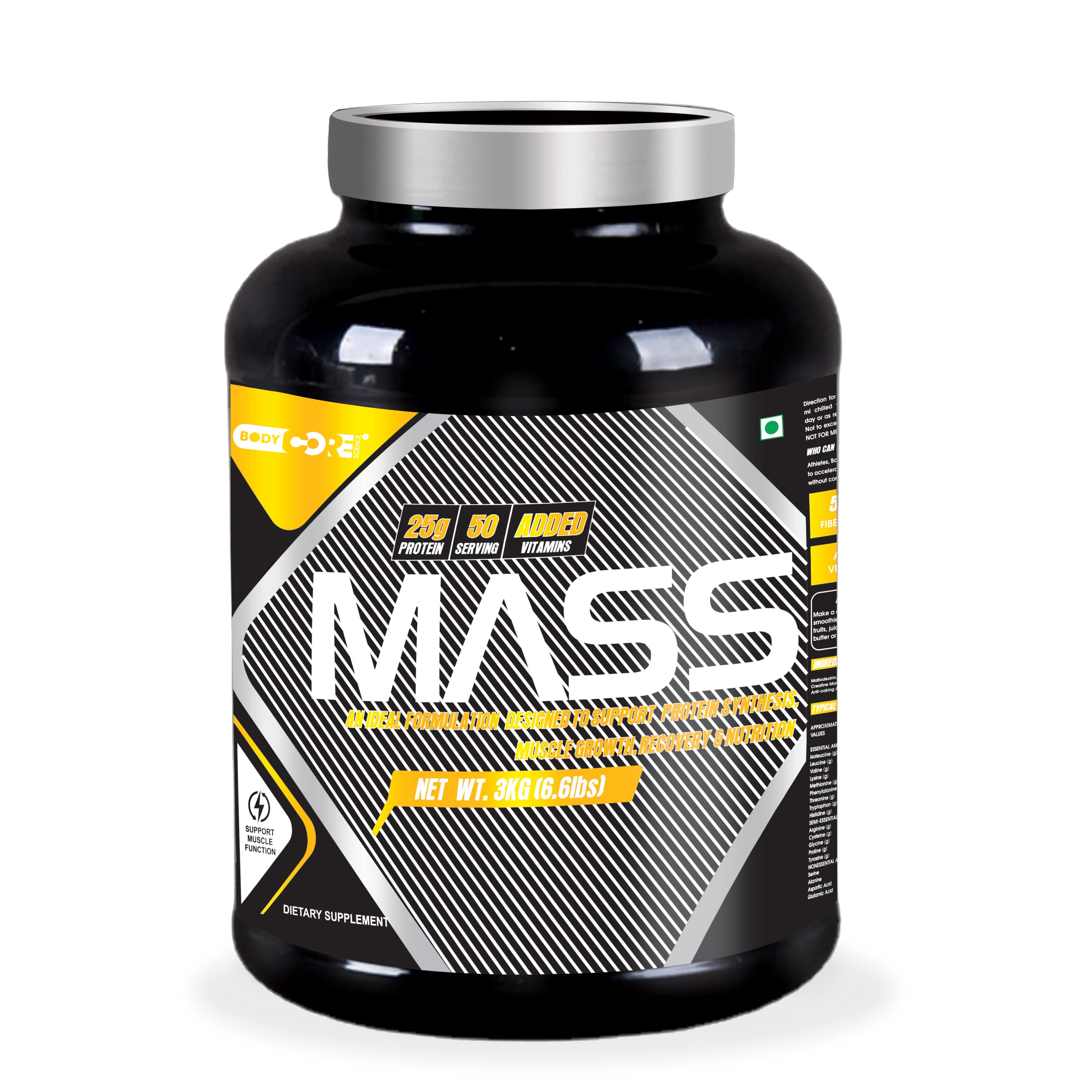 Body Core ScienceMass Gainer-3Kg, Pack of 1,Pack of 1, 25g Protein, 360.07kcal Calories,70g Carbs,5g Dietary Fiber,Added Sugar 5g,Addes Vitamins,100g Serving Size, Strawberry Flavour