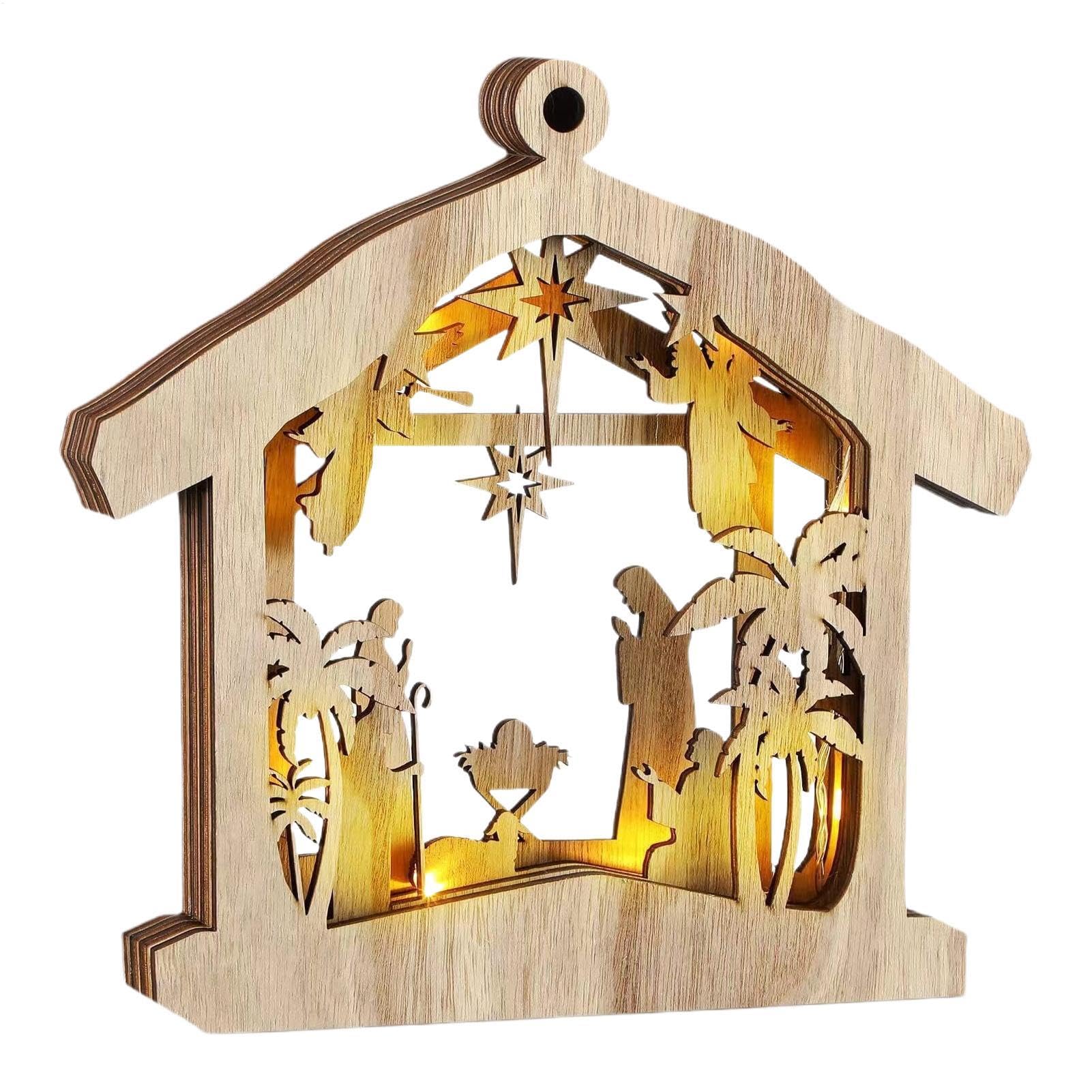 Escena de belén LED, figura de Navidad para decoración de mesa, estatua sagrada de madera con luces LED, figura de Navidad que funciona con pilas, centros de mesa, decoraciones navideñas