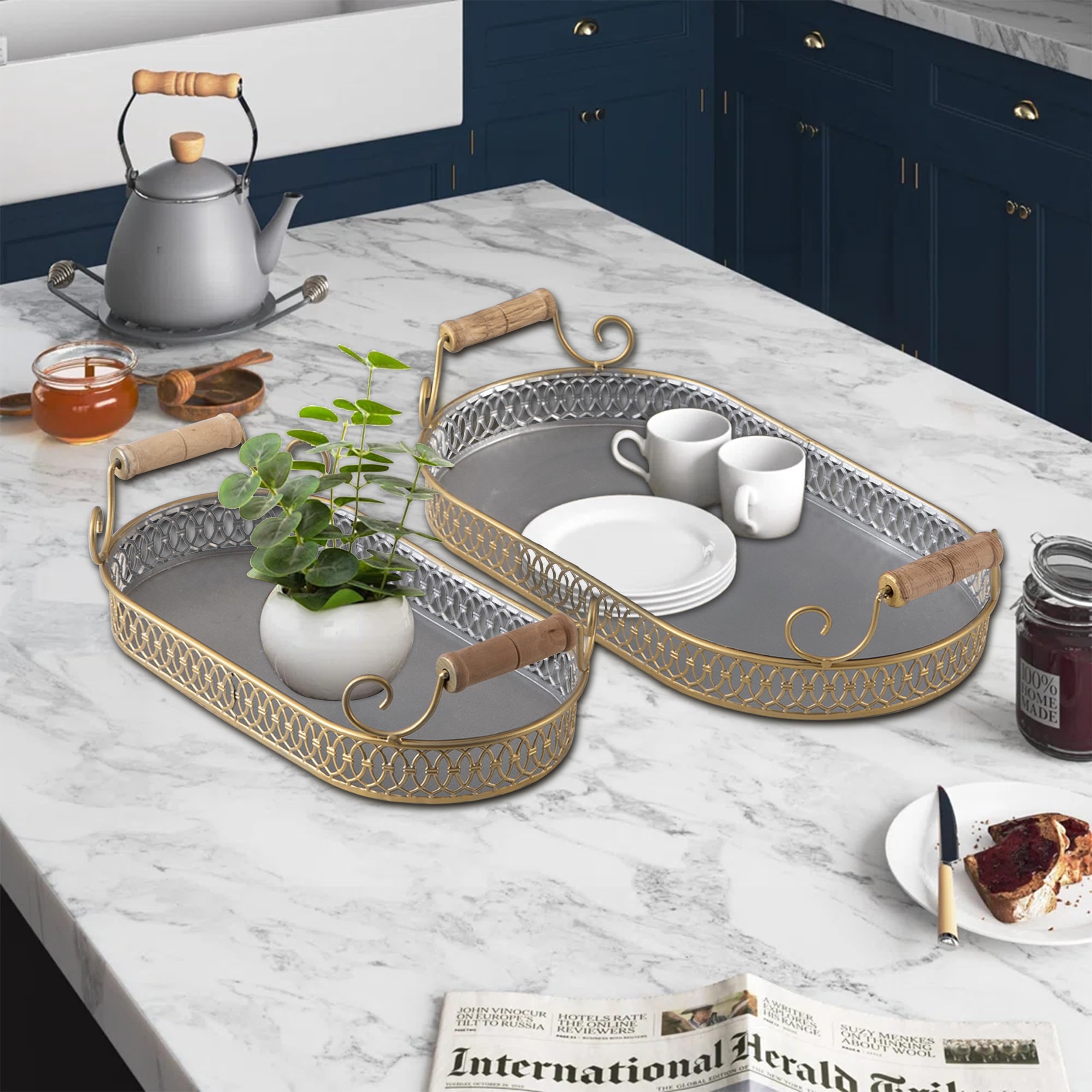 SwallowLiving Bandeja De Madera Blanca Con Cuentas Con Asa, Bandeja Decorativa Rústica Blanqueada Para Mesa De Café, Bandeja Redonda De Granja Para Cocina, Sala De Estar Y Dormitorio