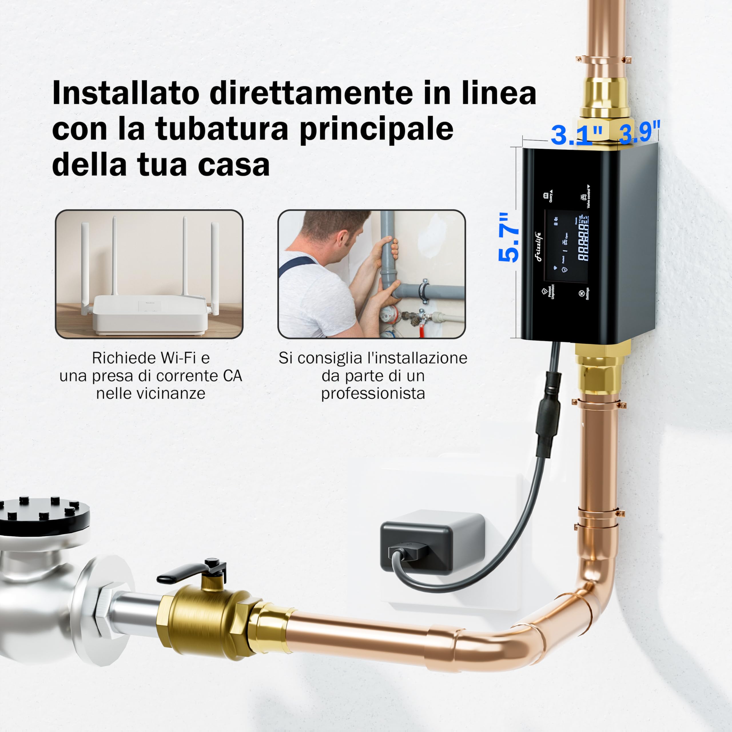 Frizzlife LP365-P - Monitoraggio intelligente dell'acqua con chiusura automatica, protezione dalle perdite ultrasoniche (0,04 l/min), Wi-Fi/app, controllo flusso/temperatura/pressione, per tubi da 3/4