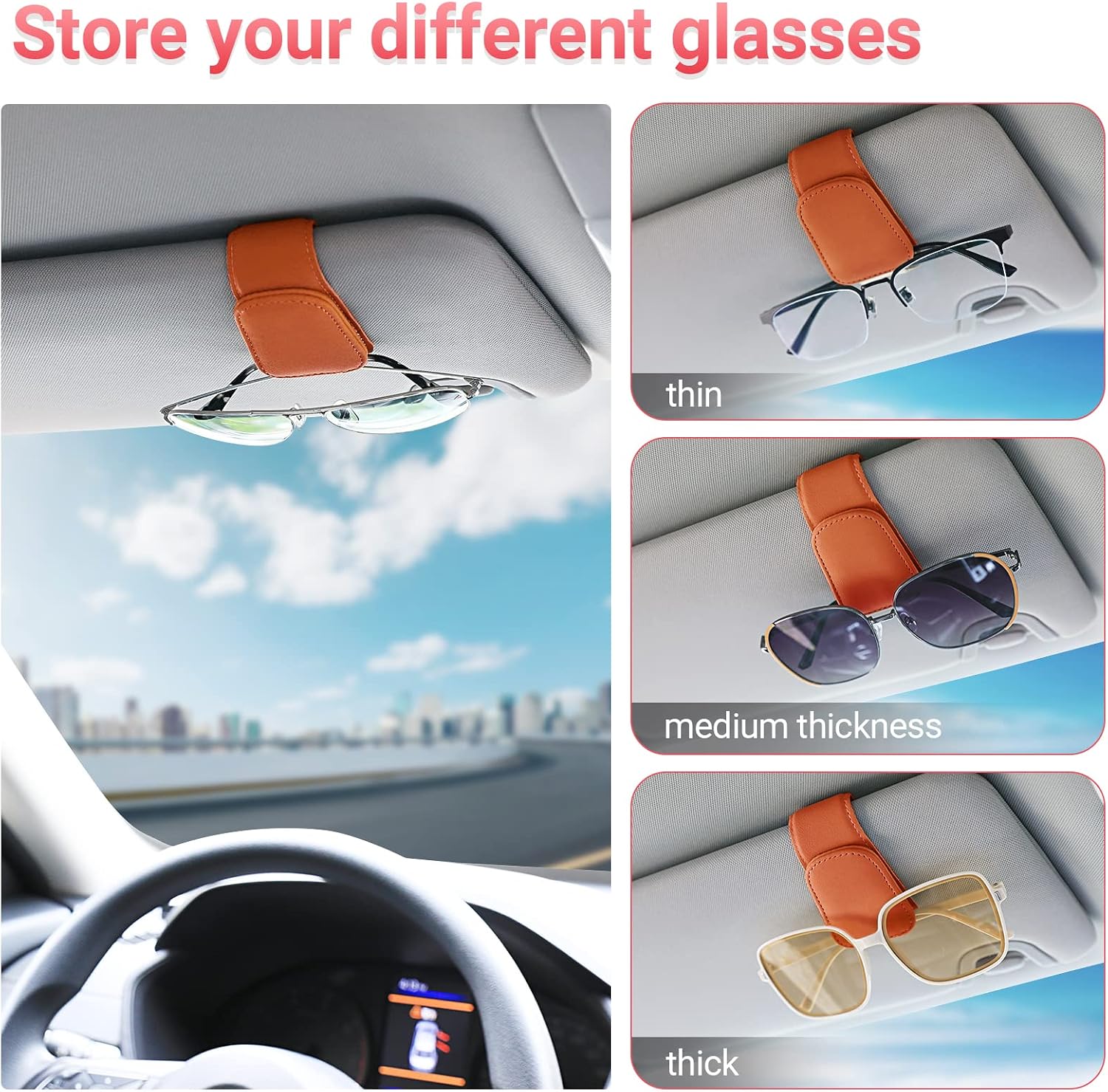 KanSmart Sunglass Holder for Car Visor Sunglasses Clip Magnetic Leather Glasses Eyeglass Holder Truck Car Interior Accessories Universal for Woman Man -Orange