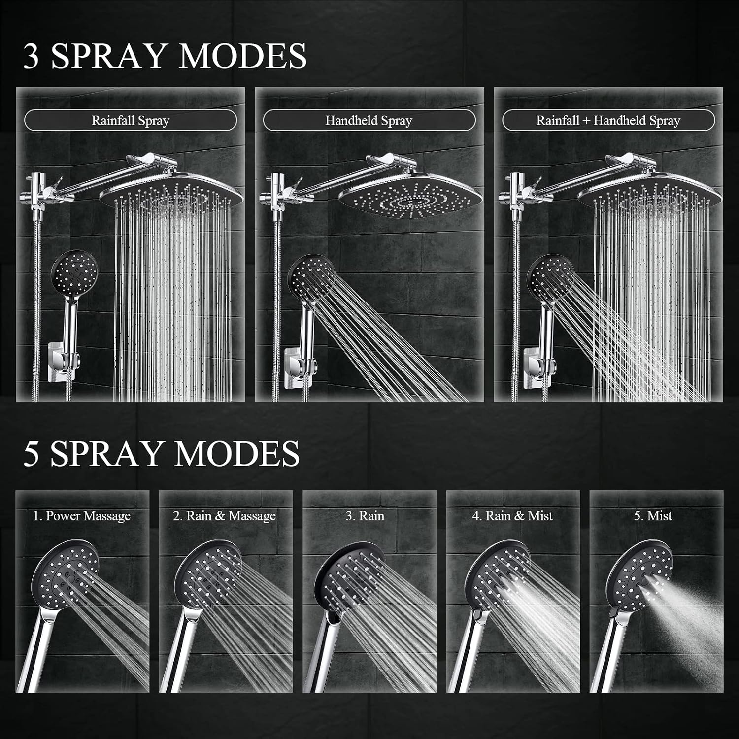 Veken 10 Inch Rain Shower Head with 5 Settings High Pressure Handheld Spray, Rainfall Shower Head with Adjustable Extension Arm, Chrome Dual Shower Head and Handheld Shower Head Combo with 70” Hose.