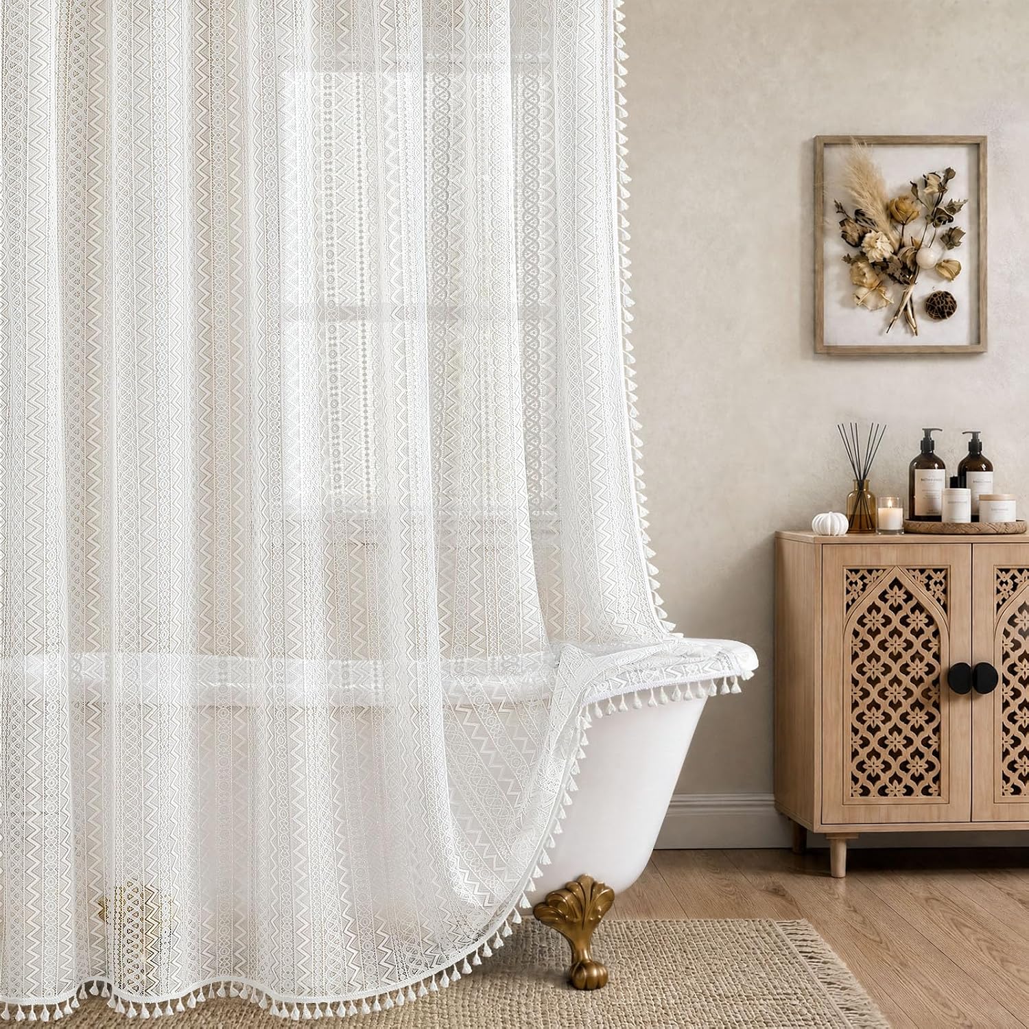 White Boho Lace Vintage Shower Curtain with Tassels 72 * 72 Inch | Luxury Victoria,Cute Ivory Semi-Sheer,Shower Curtain for Bathroom
